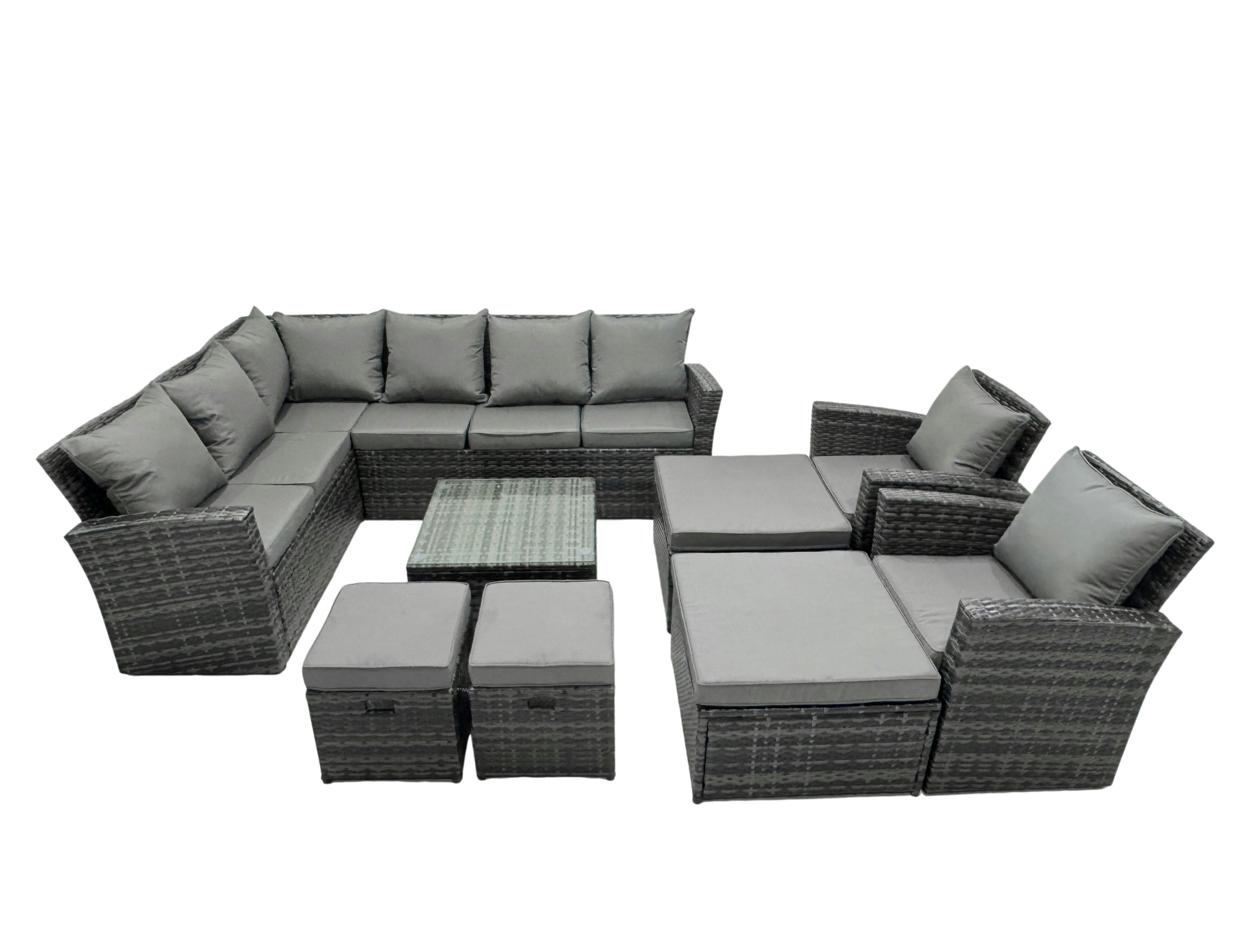 Fimous Dark/Grey 12 Seat Poly Rattan Outdoor Patio Coffee Table Corner Sofa Set With 4 Stool 2 Chairs For Garden Backyard Mixed