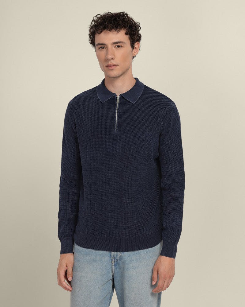 Larsson & Co Gaerum - Vintage Wash Long Sleeve Polo Shirt - Navy - L