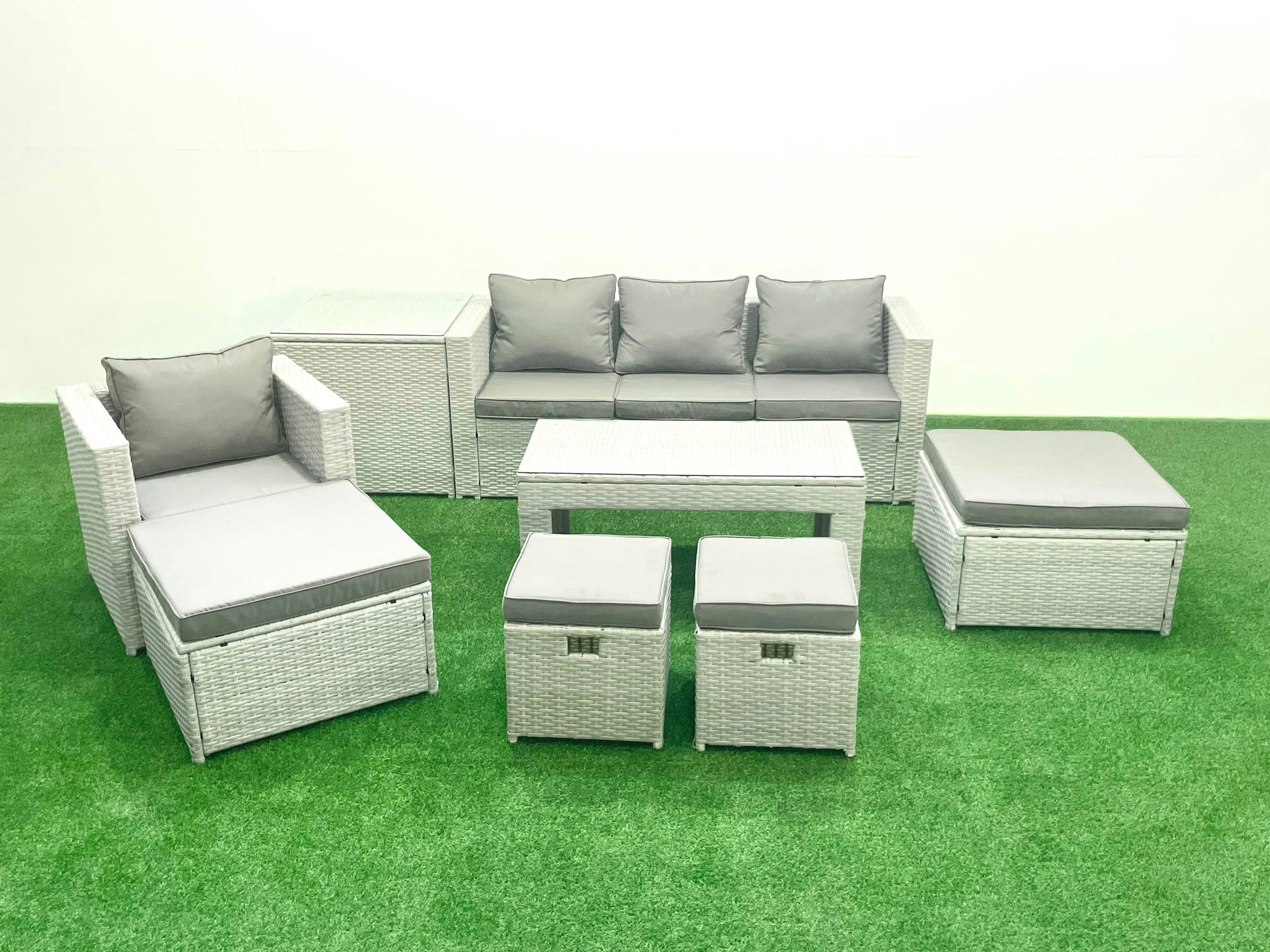 Fimous Light/Grey Rattan Garden Furniture Set Outdoor Lounger Sofa With Coffee Table 4 Footstools Side Table Mixed 8 Seater