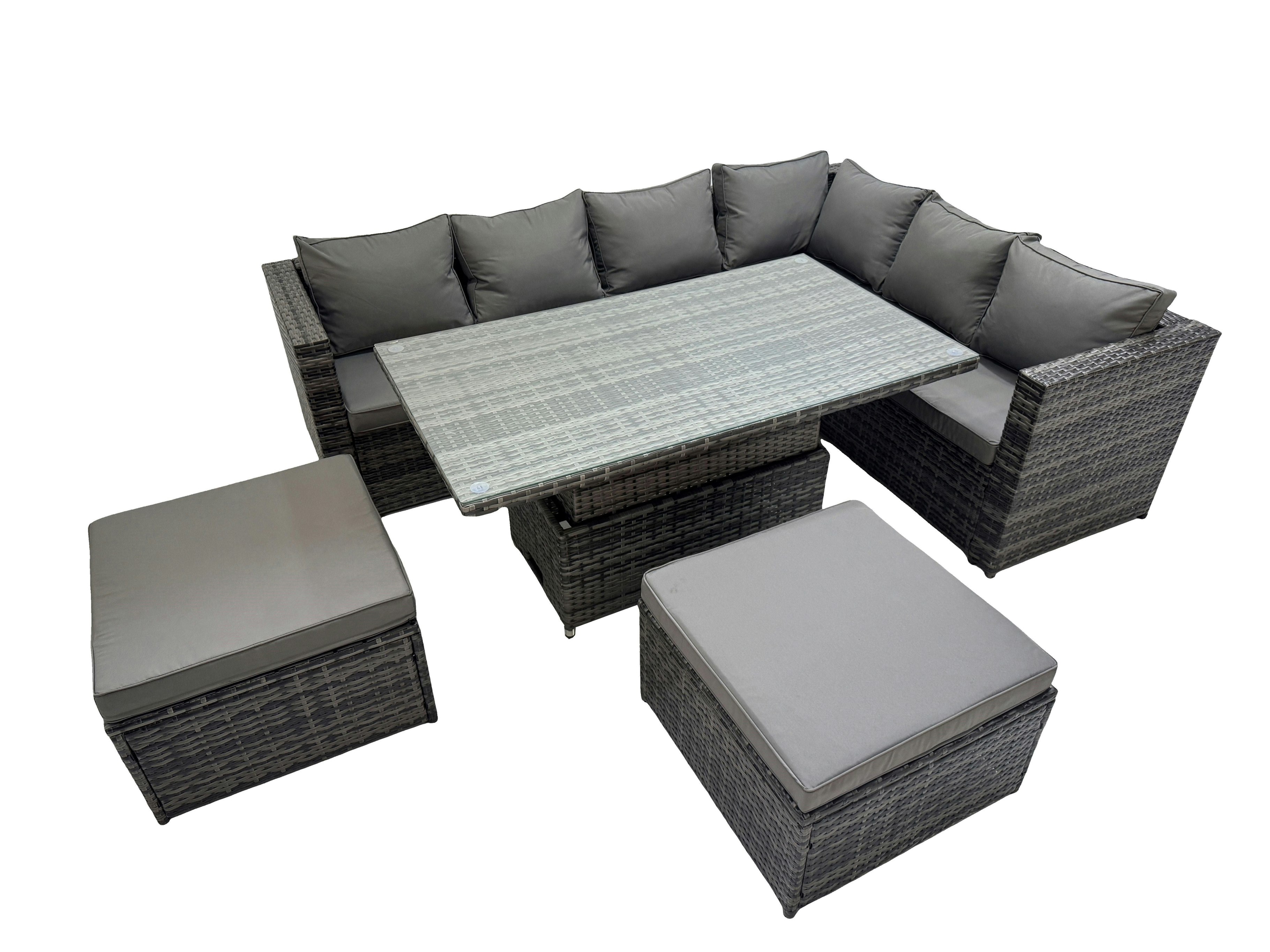 Fimous Dark/Grey 8 Seater Rattan Height Adjustable Rising Lifting Table Corner Sofa Sets With 2 Big Footstools Mixed