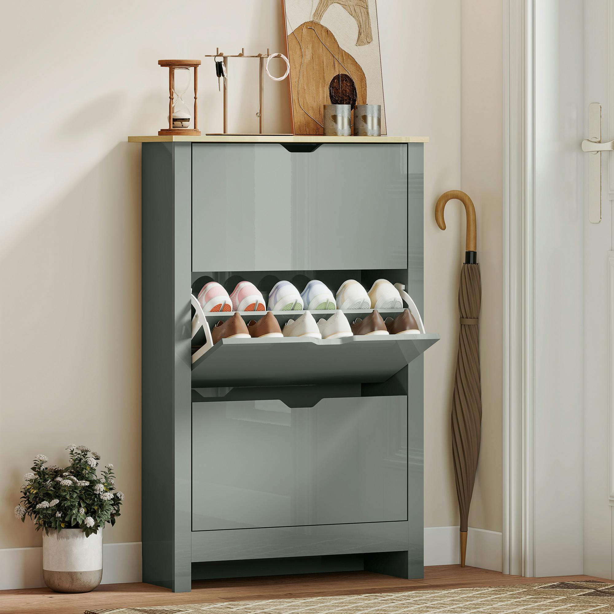 Rackhams Light/Grey 18-Shoe Storage Cabinet 6 Shelves 3 Drawers Tabletop