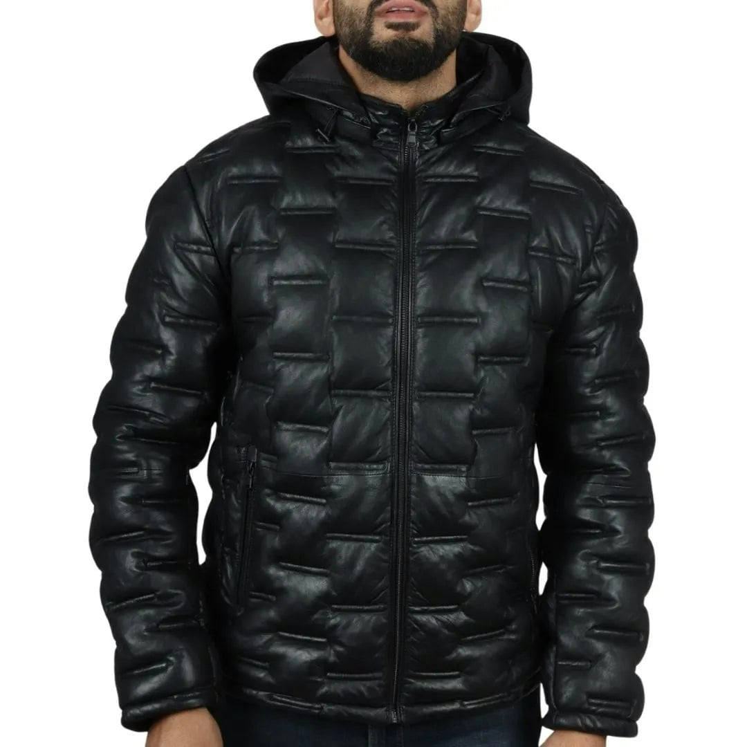 Infinity Leather Men's Black Leather Company Puffer Quilted Real Leather Hooded Jacket - 4XL