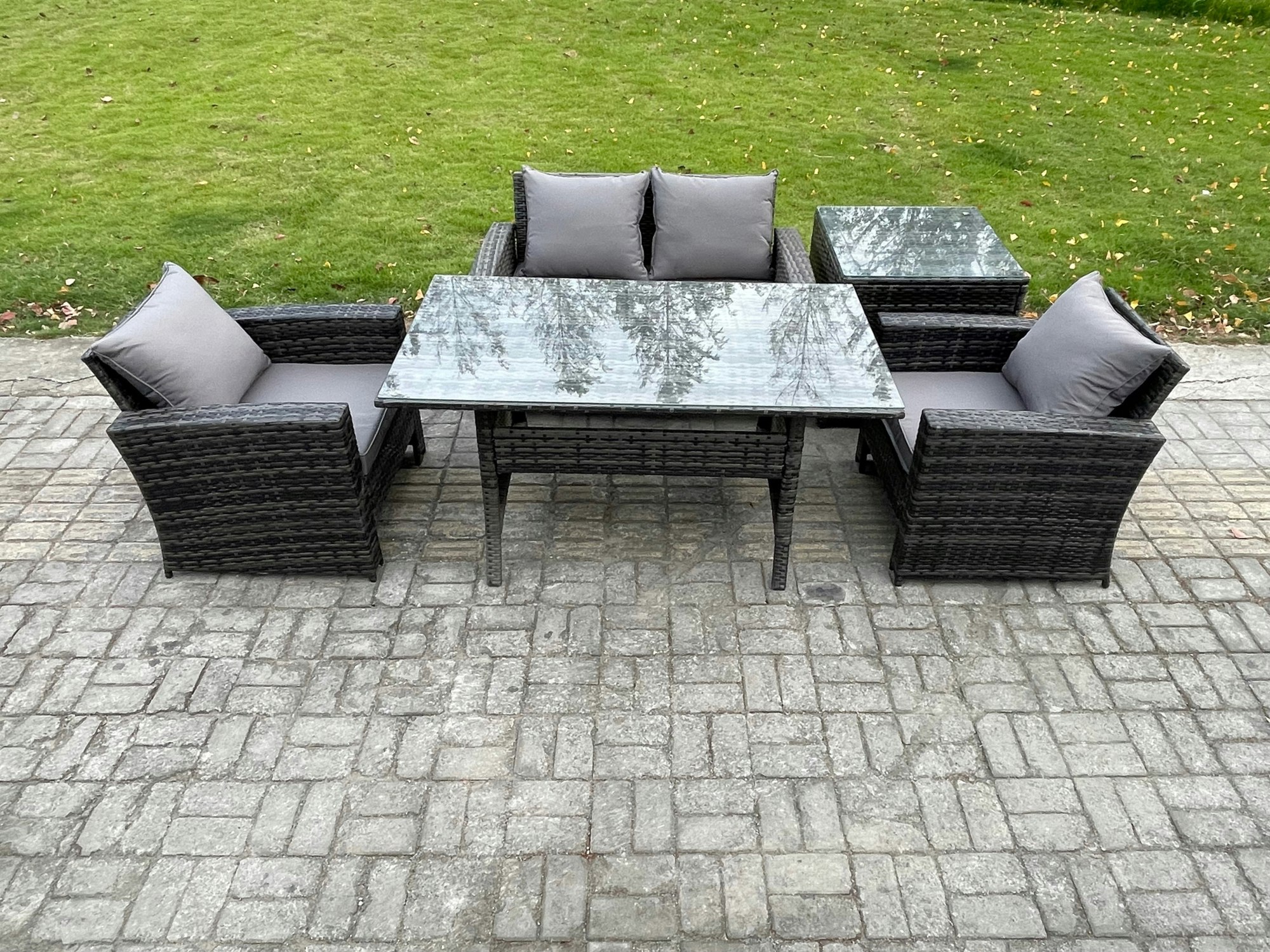 Fimous Dark/Grey Pe Wicker Outdoor Garden Furniture Set Patio Furniture Rattan Rectangular Dining Table Lounge Sofa With Side Table