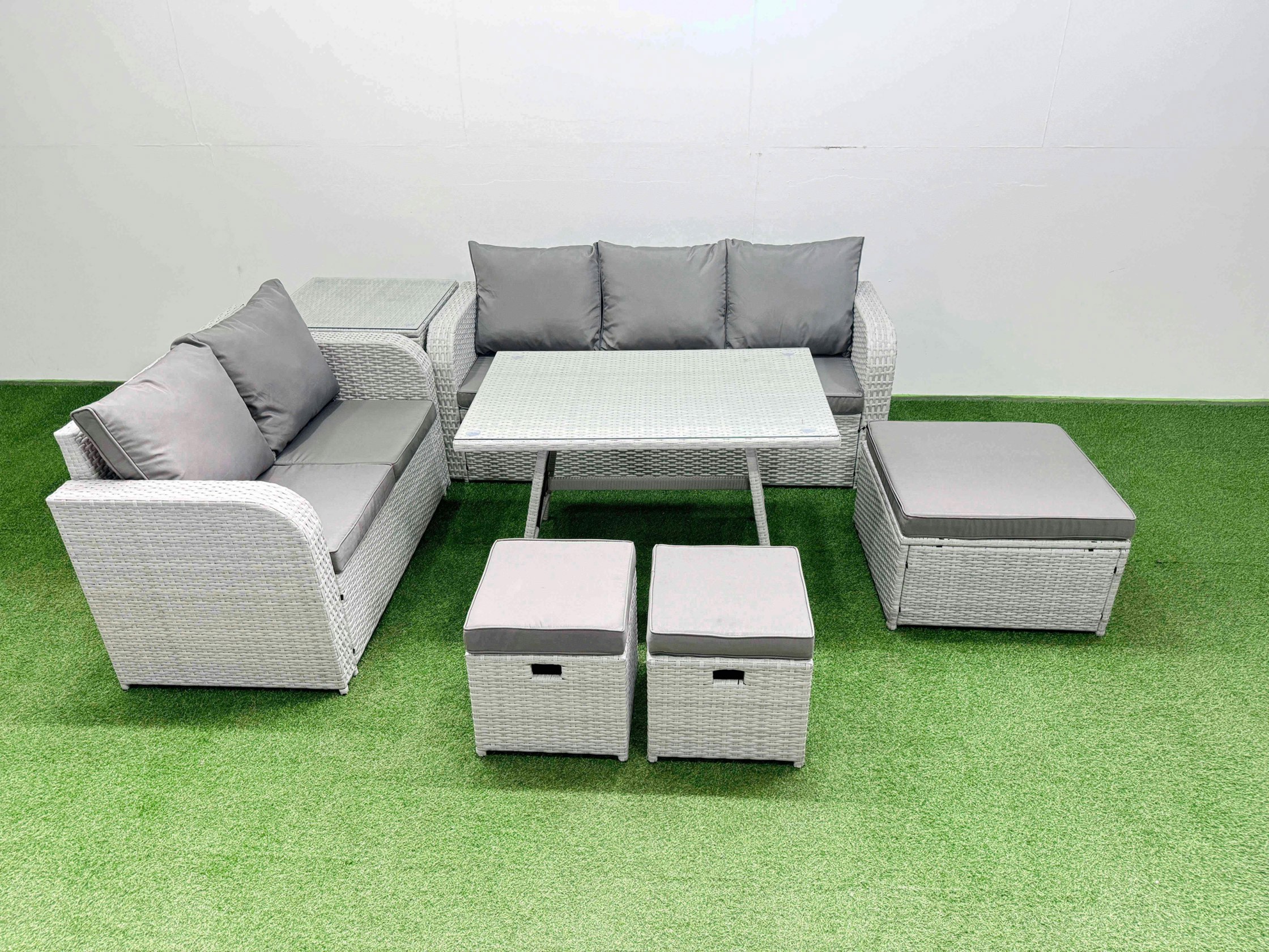 Rackhams Light/Grey Outdoor Pe Rattan Garden Furniture Set Rectangular Dining Table Sofa Set With 3 Stool Side Table