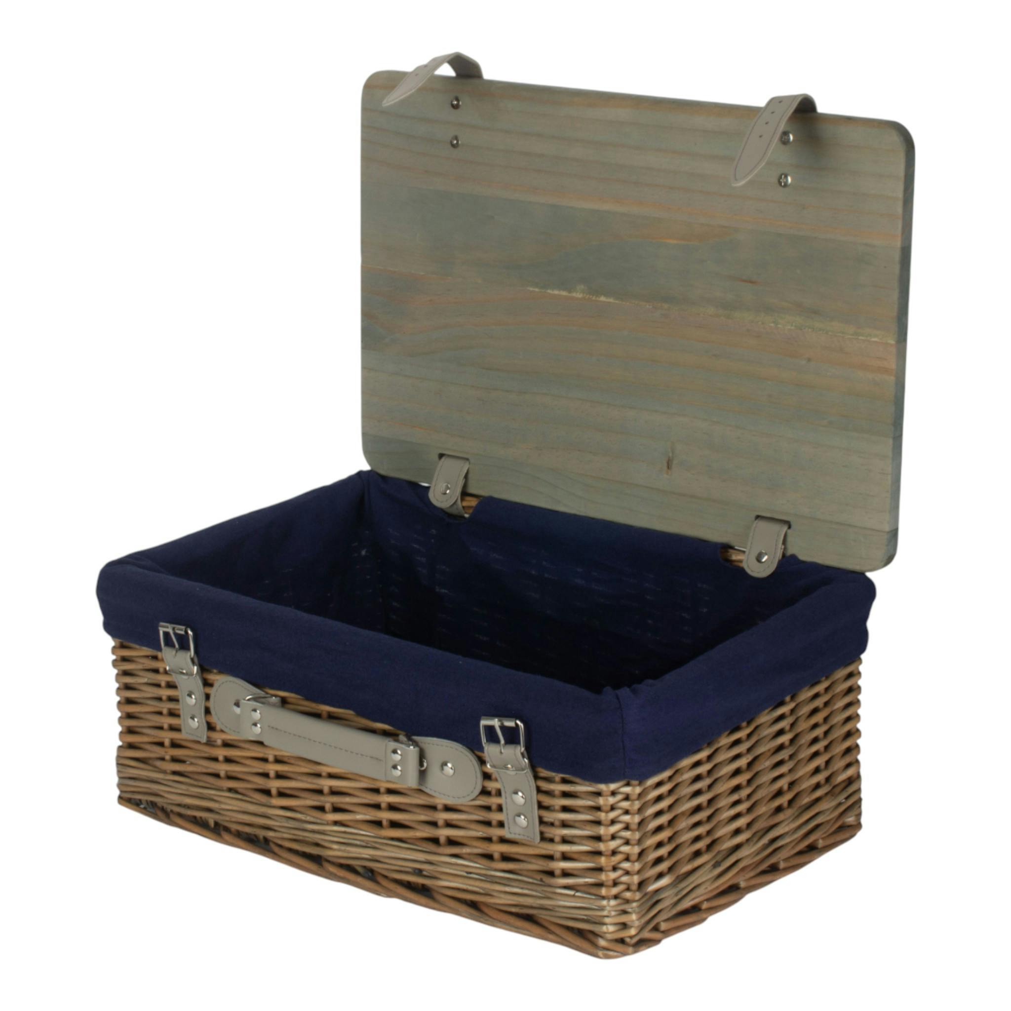 Rackhams Red Antique Wash Navy Lined Willow Picnic Basket With Pinewood Lid - Large - 1 - Wicker And Pinewood