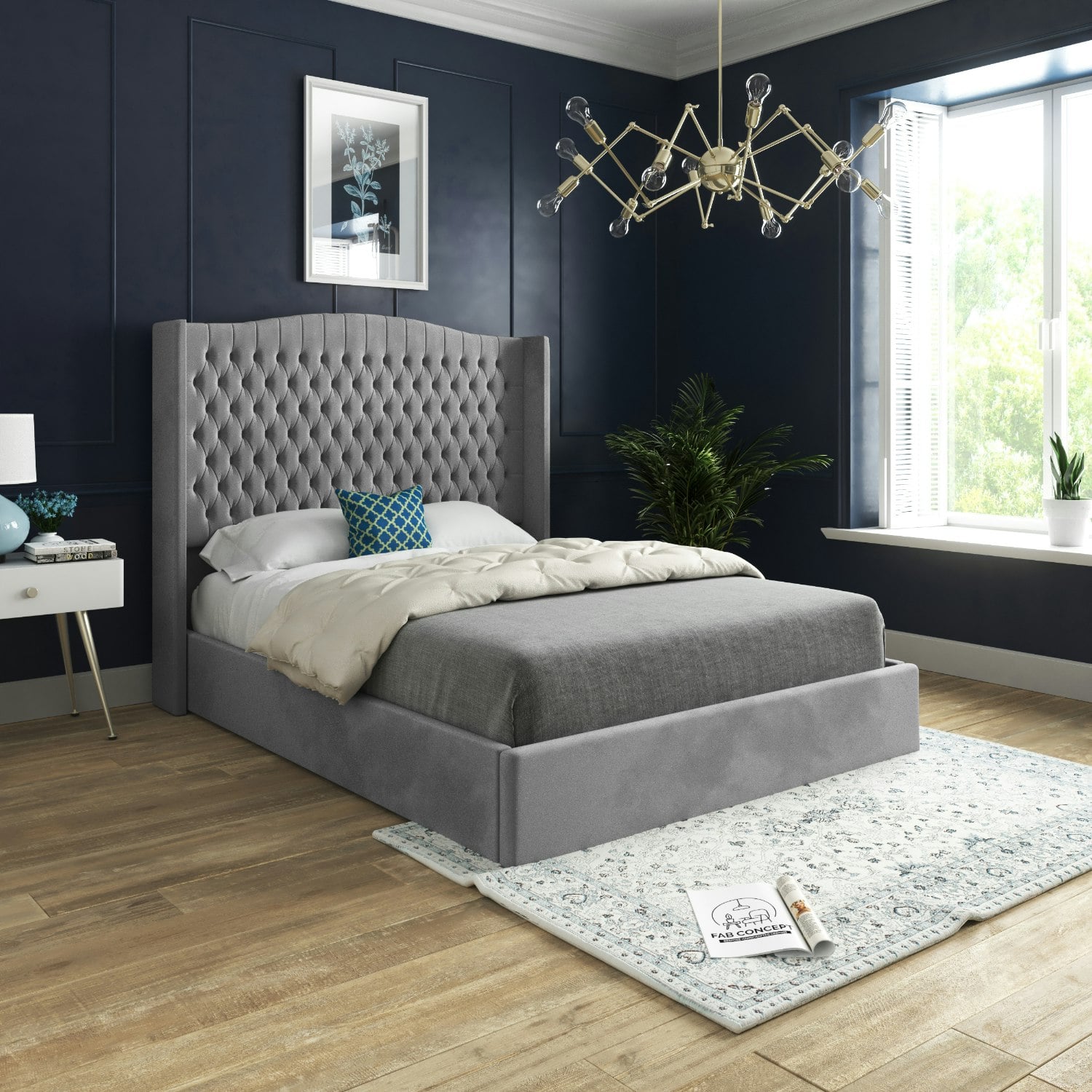 Rackhams Grey Rana Curved Top Winged Upholstered Soft Velvet Bed Frame - Single