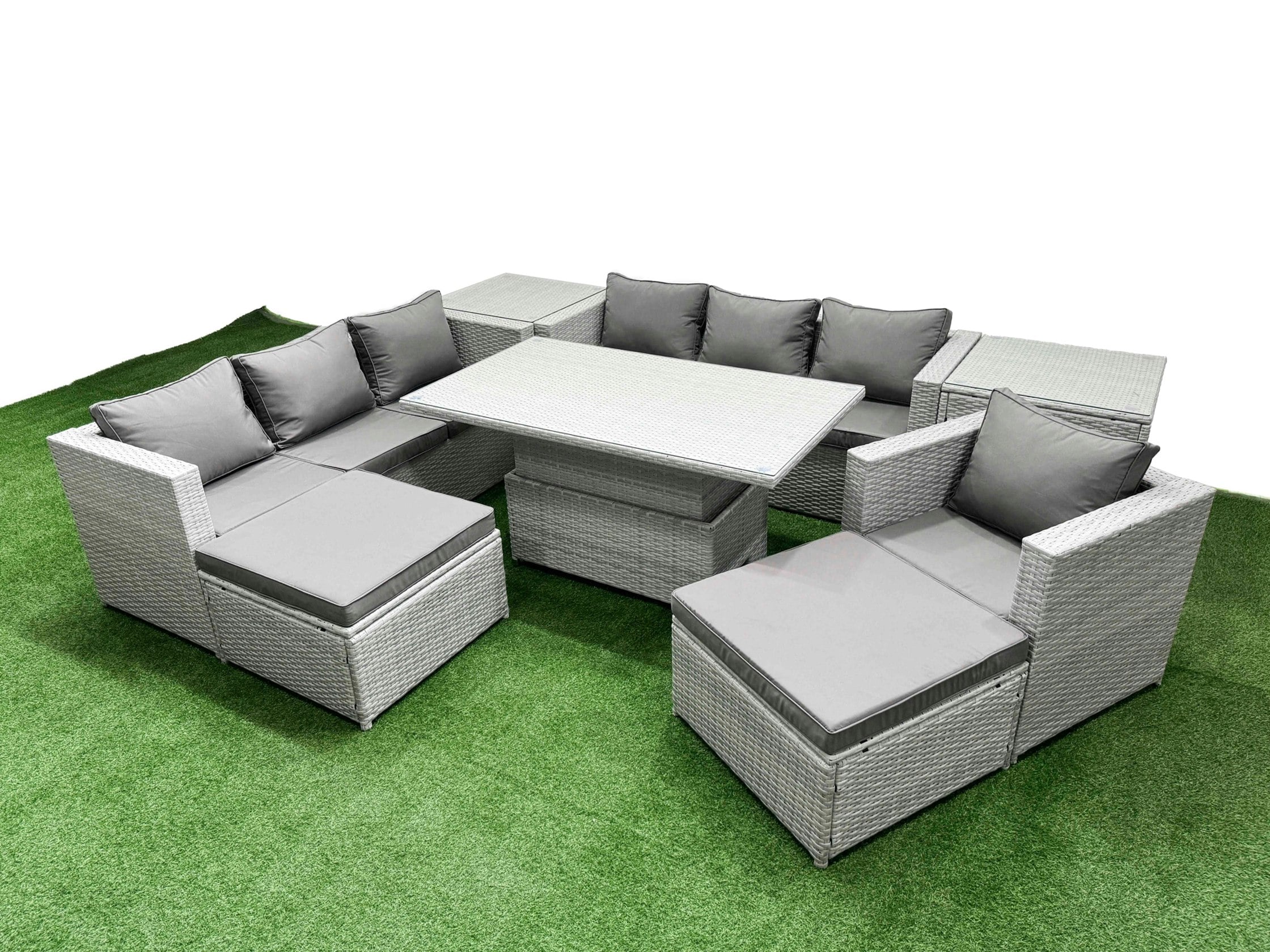 Fimous Light/Grey 7 Pcs Rising Dining Table Set Rattan Furniture Set With 3 Seater Sofa Chair 2 Big Footstool 2 Side Tables