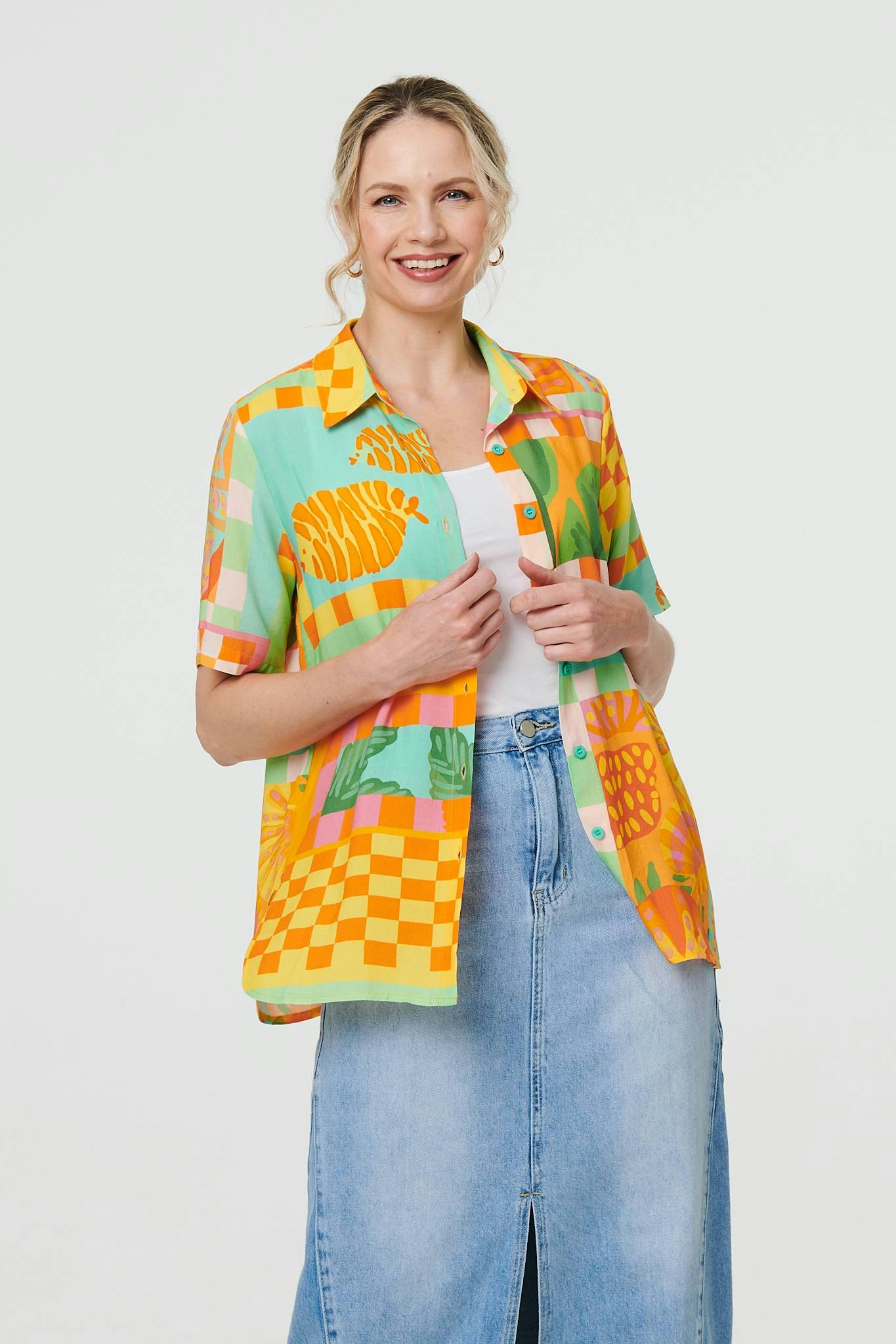 Izabel London Orange Patchwork Print Short Sleeve Boxy Shirt - 14
