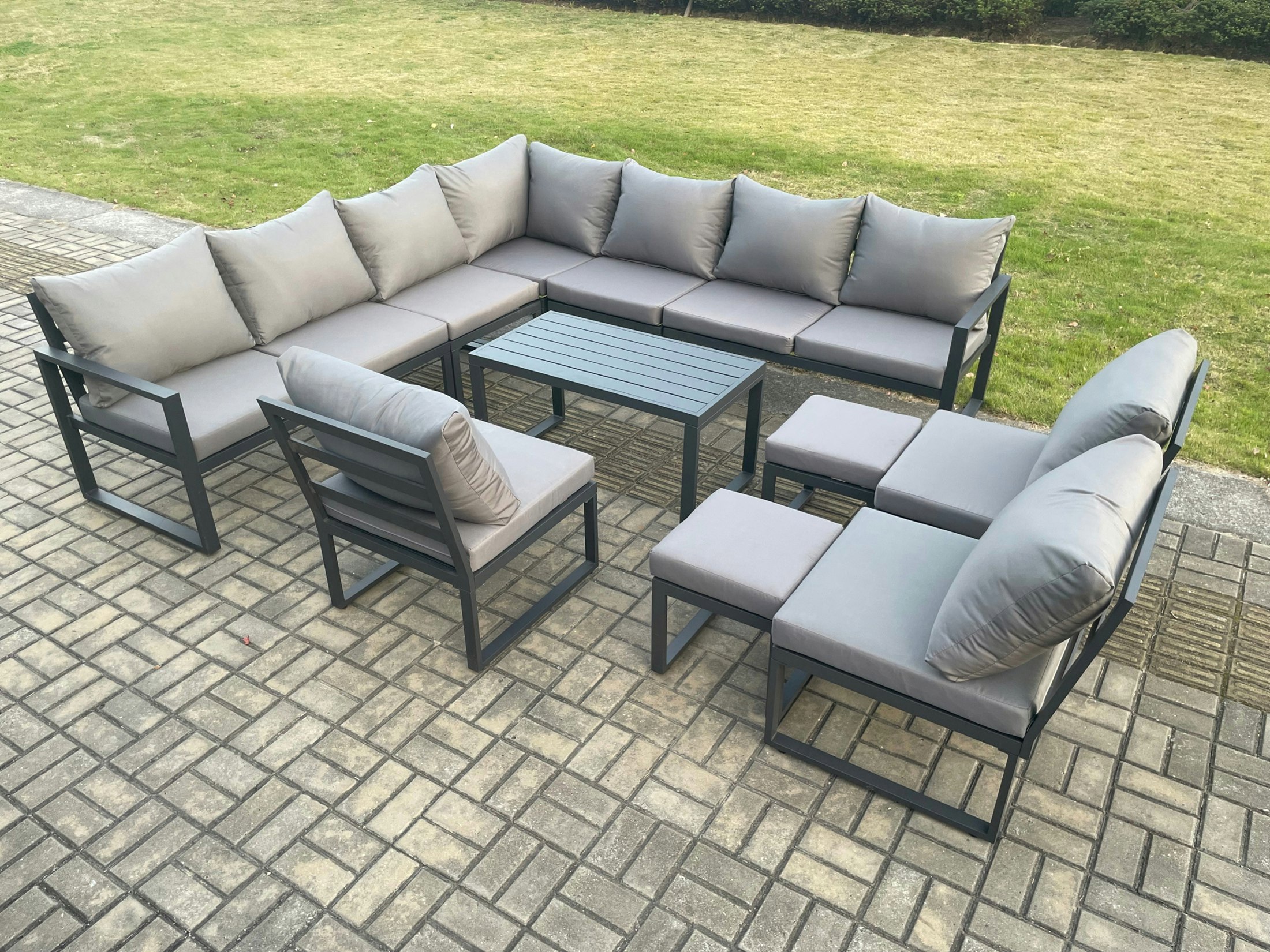Fimous Dark/Grey Aluminium Outdoor Garden Furniture Set Patio Lounge Sofa With Oblong Coffee Table 2 Small Footstools