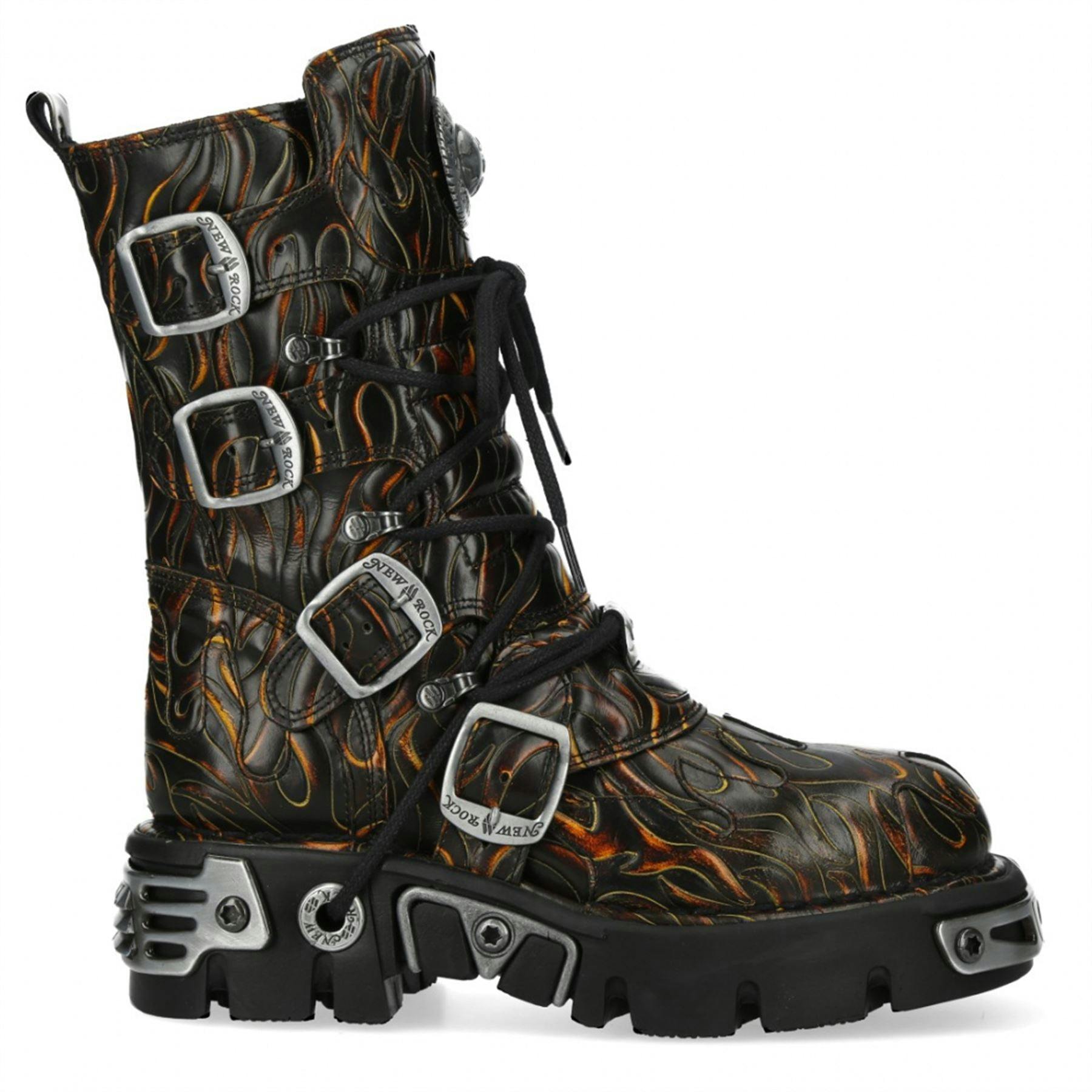 New Rock Unisex Black M-591-C62 Mid-Calf High Flame Leather Metallic Gothic Boots - Fire - Uk 7 | Eu 41 | Us 9.5