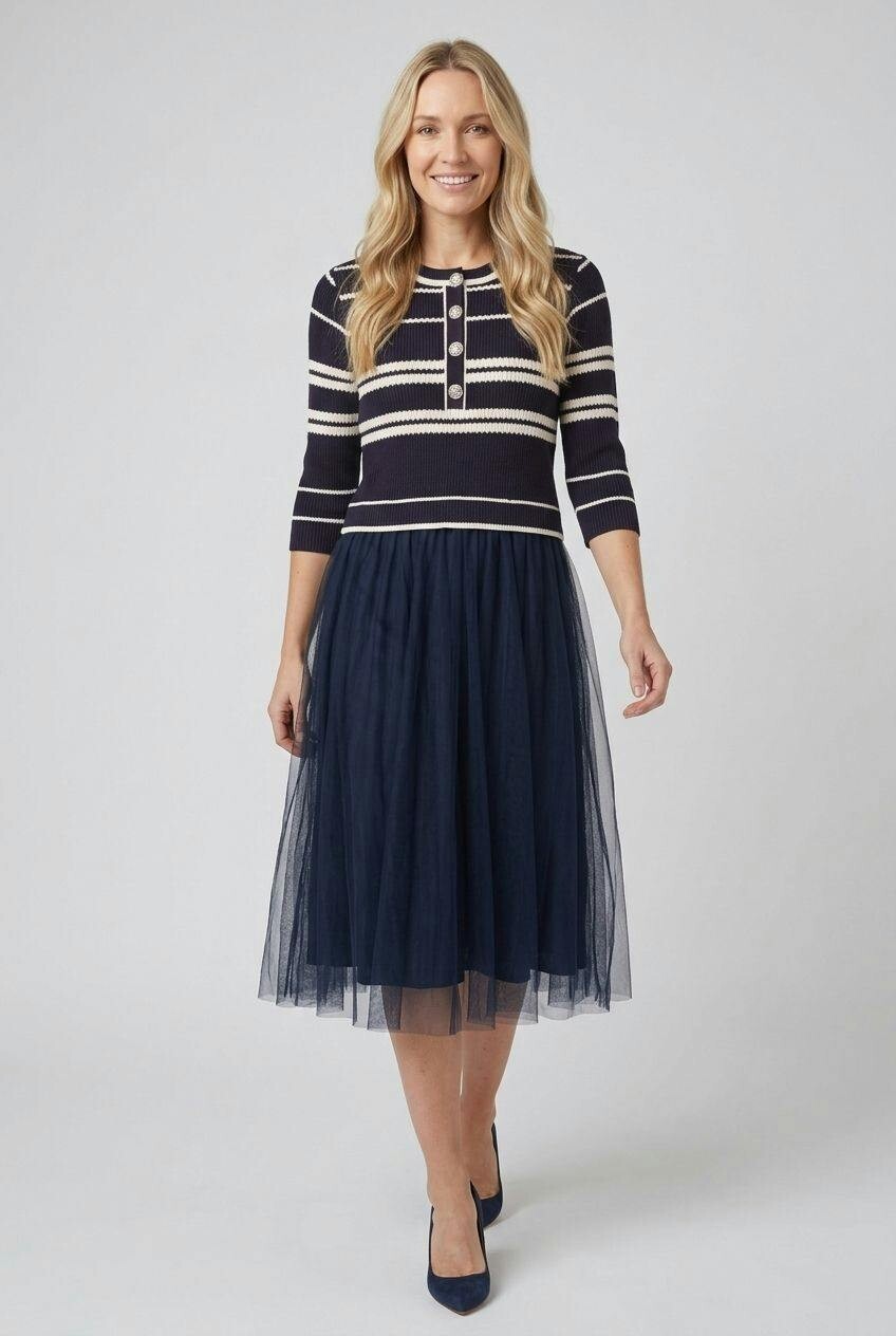 Izabel London Striped Knit Mesh Texture Midi Dress - 8 - Navy