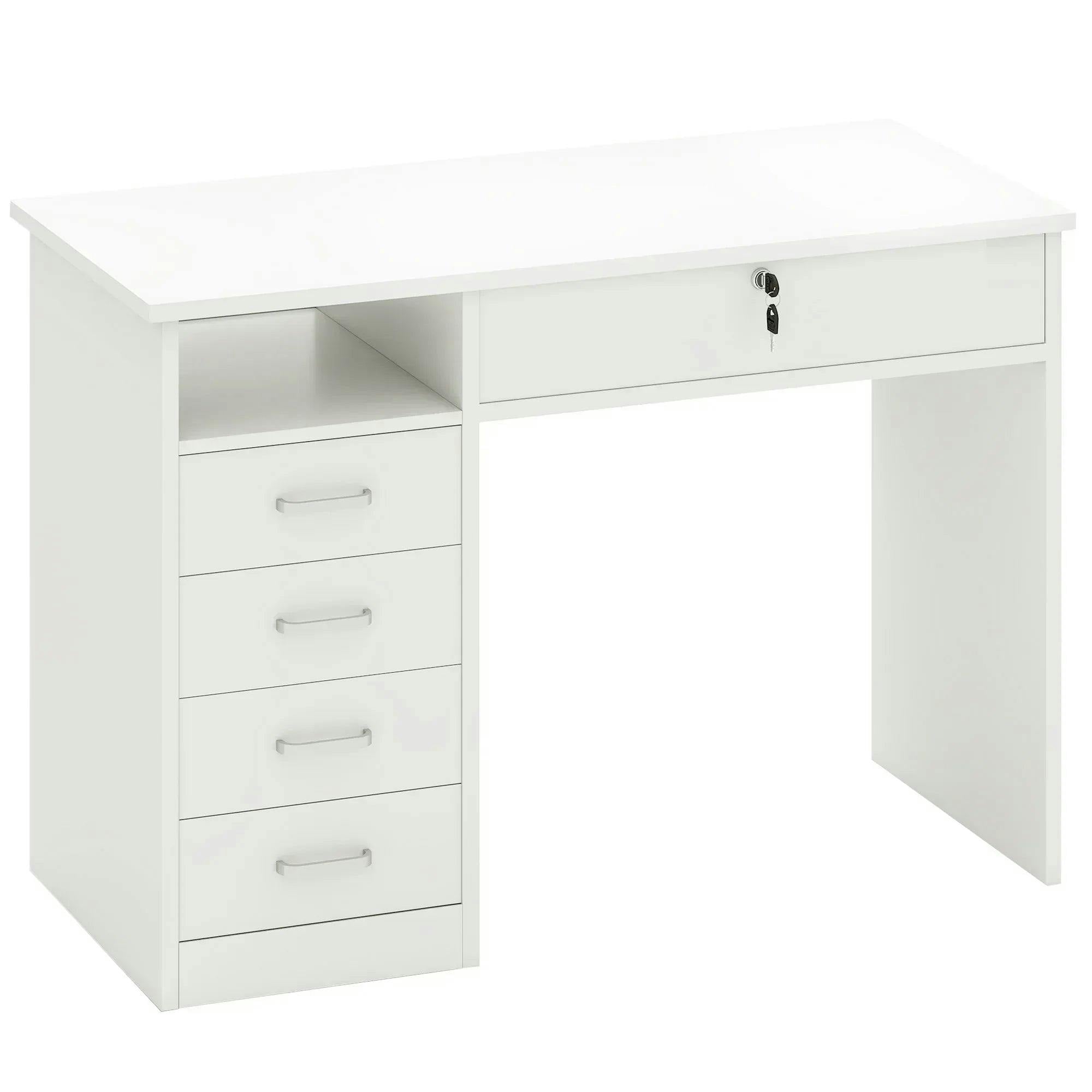 HOMCOM Computer Desk White Five Drawers - 110L x 50W x 76H cm - Particleboard - Storage - Lockable Drawer - Image 4