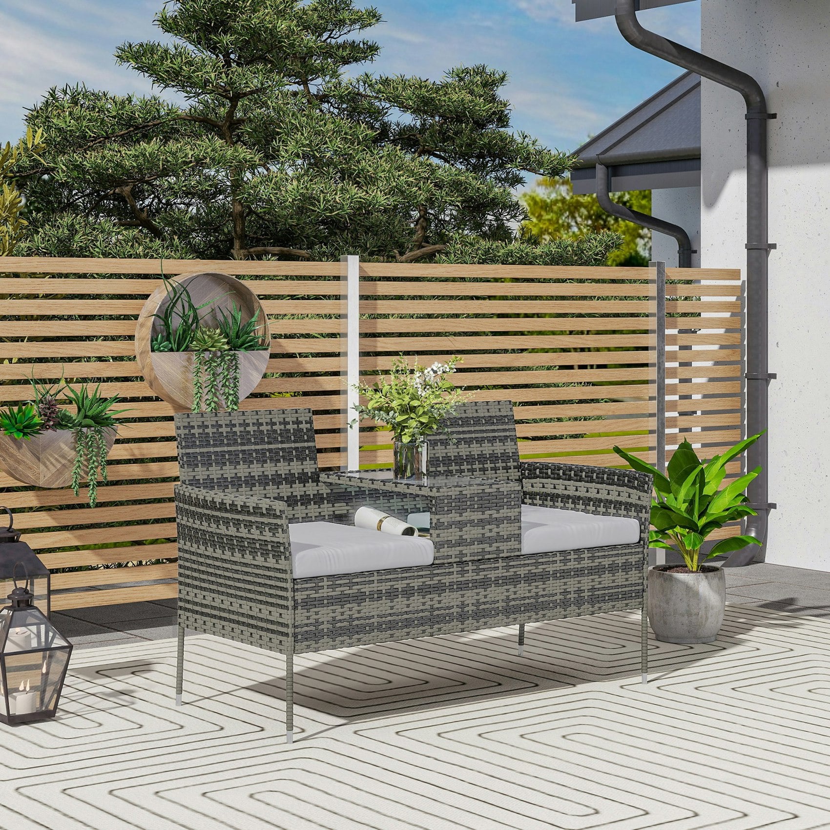 Outsunny Grey Rattan Garden Bench W/ Glass Tea Table, Wicker Chair W/ Cushions - 137W X 59D X 82H Cm - Charcoal