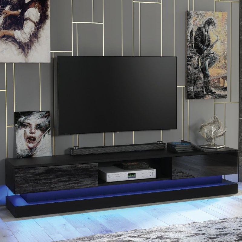 Rackhams Black 180Cm Modern Tv Unit With High Gloss Doors & Free Led Lighting - 180 Cm - Mdf/Chipboard - Matt Body & Gloss Doors