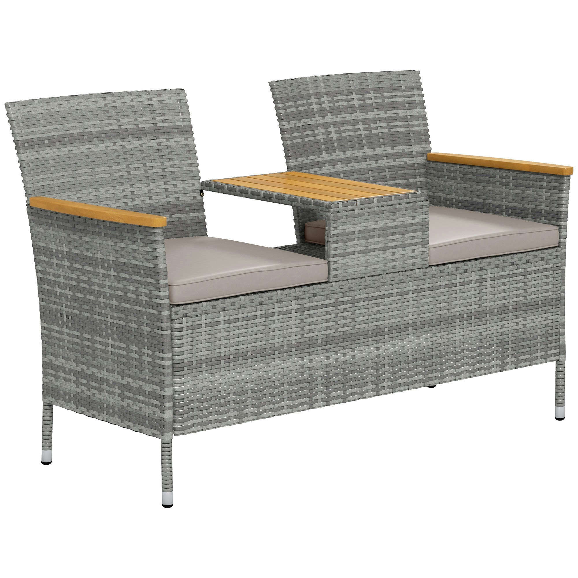 Rackhams Grey Rattan Garden Bench W/ Wood Top Table, Wicker Chair W/ Cushions, - Pe Rattan, Steel - 132Cm X 64Cm X 85Cm