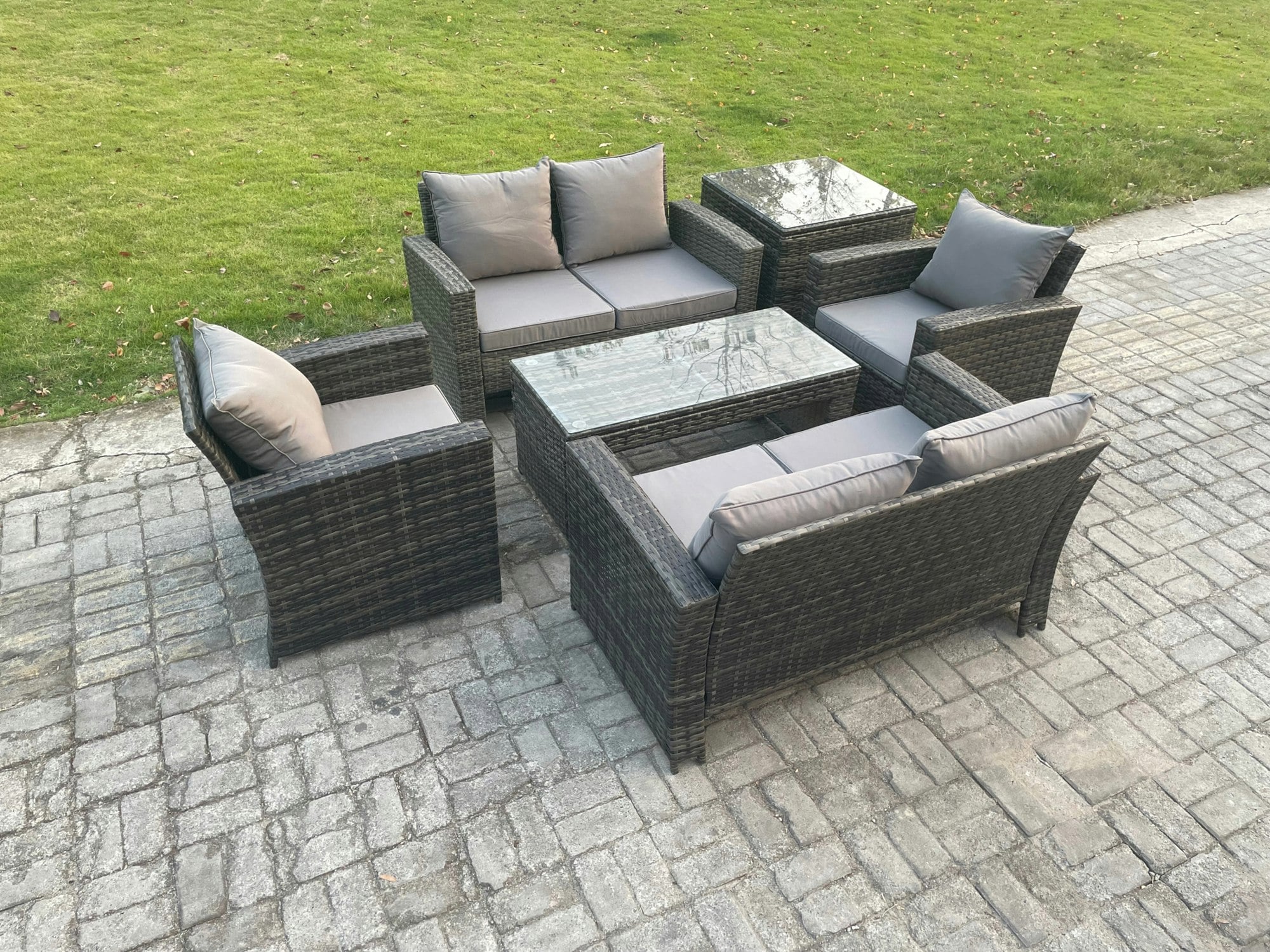 Fimous Dark/Grey 6 Seater Mixed High Back Rattan Sofa Set Coffee Table Garden Furniture Outdoor Patio With Love Sofa Arm Chairs Side Table