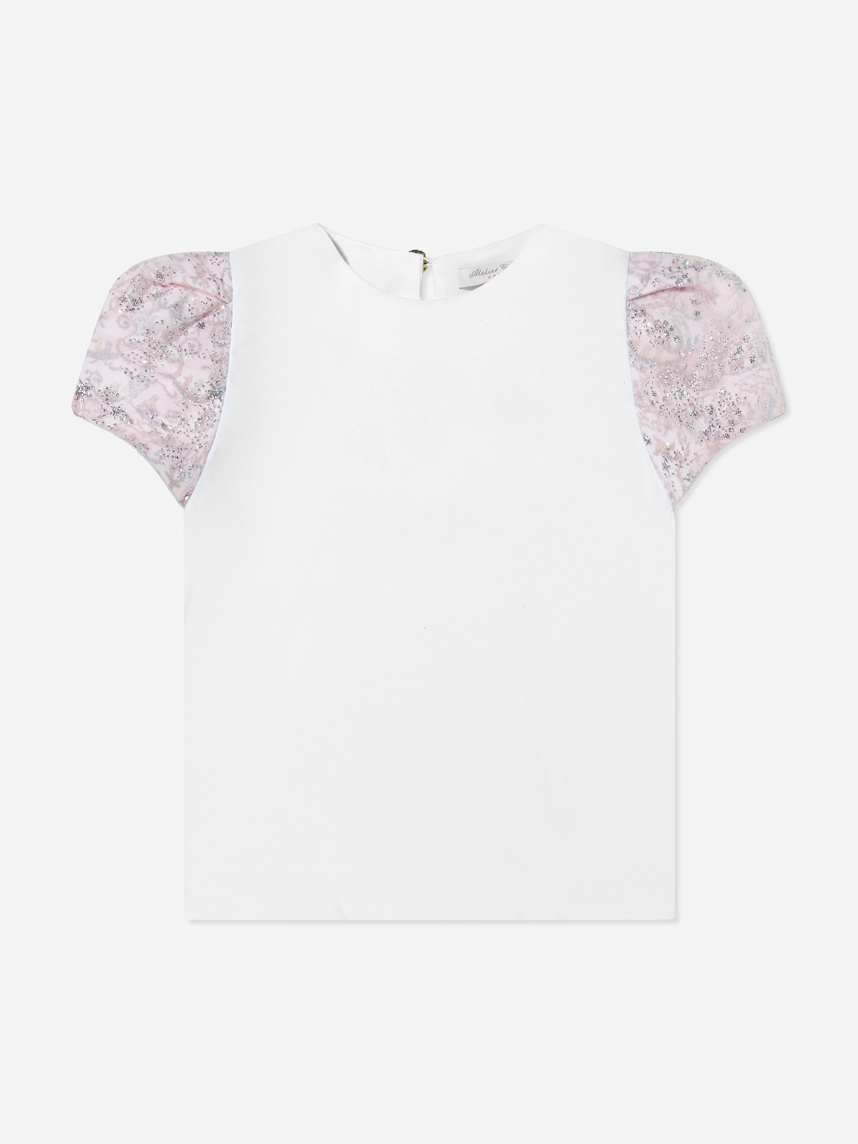 Atelier Choux Girls White Choux Sparkle Toile Du Jouy Puff Sleeve Top In - 10 Yrs