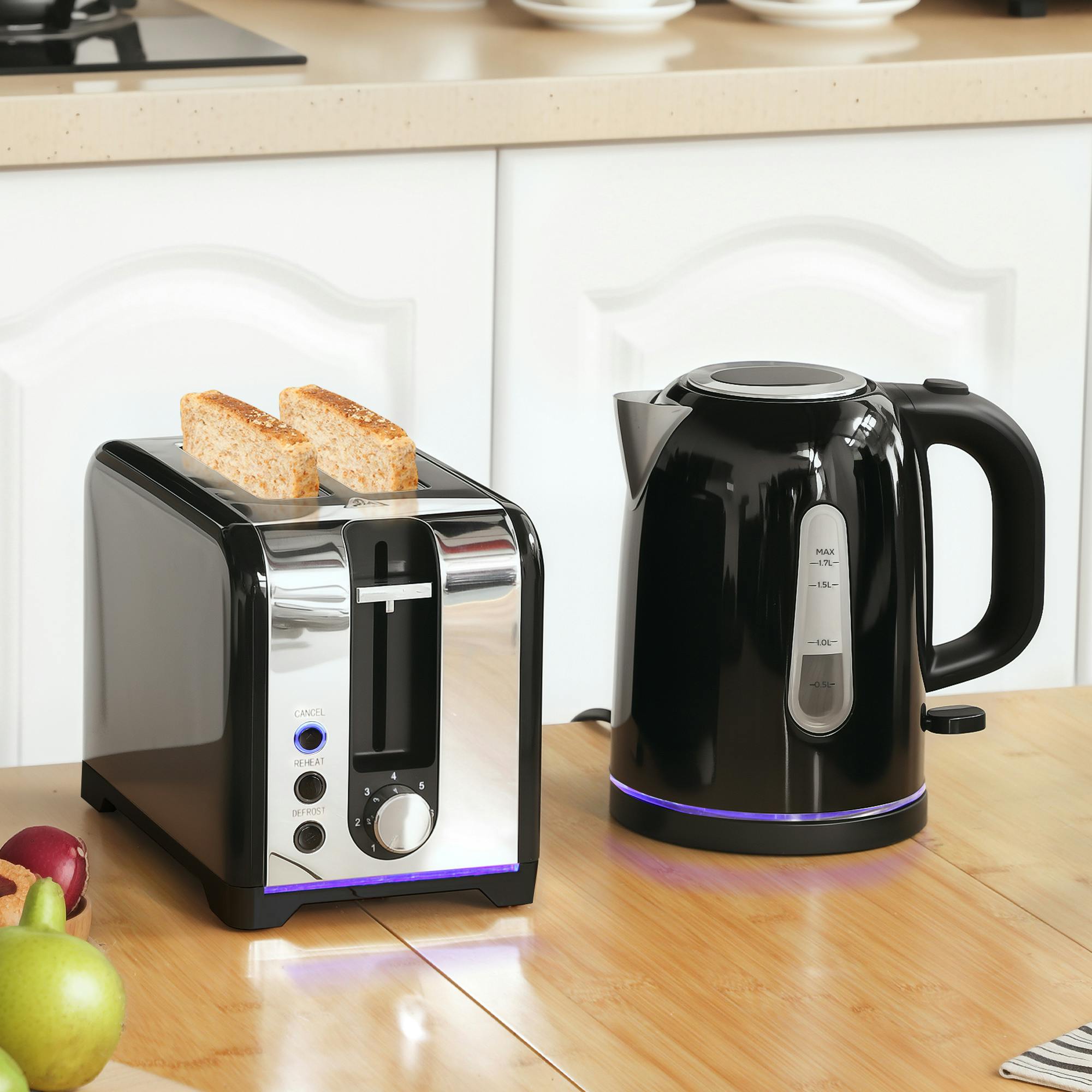 Homcom Black 1.7L 3000W Rapid Boil Jug Kettle And 2-Slice Toaster Set,