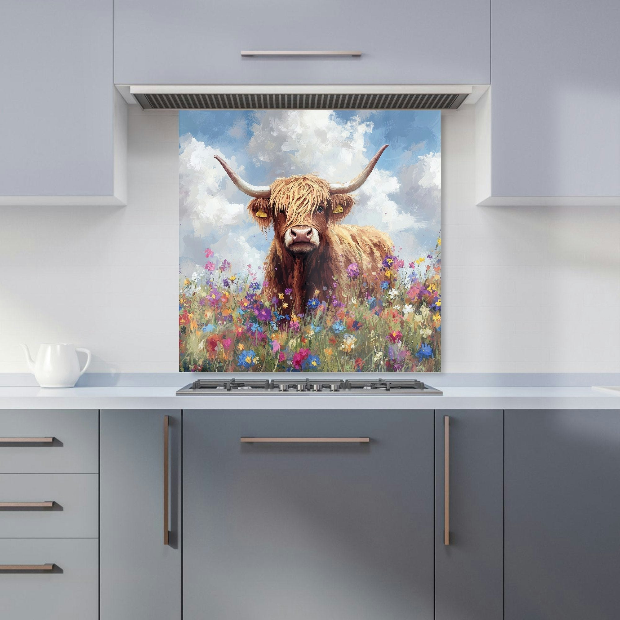 Rackhams - Highland Cow In A Summer Meadow Kitchen Splashback - W600mm X H600mm