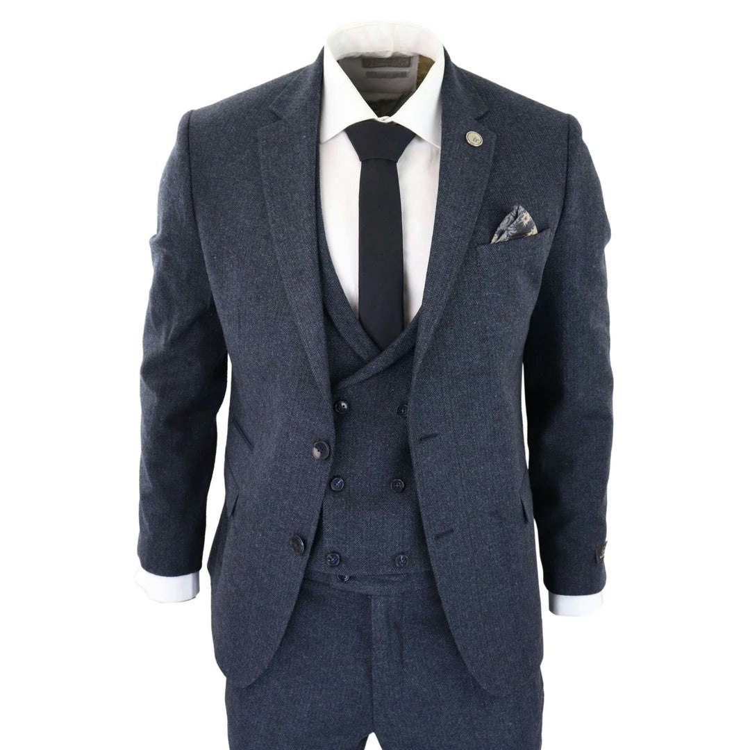 Truclothing Men's Blue Ws25 - 3 Piece Tweed Suit Double Breasted Waistcoat - 52" Jacket 46" Trousers