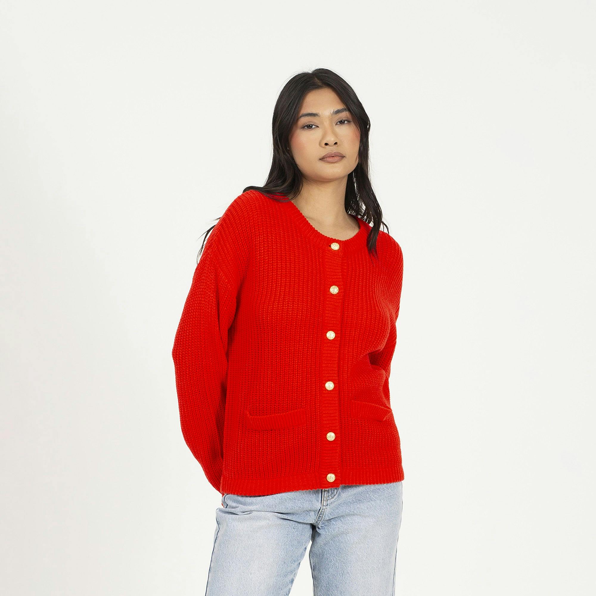 Brave Soul Red Round Neck Fisherman Knit Cardigan - Xs