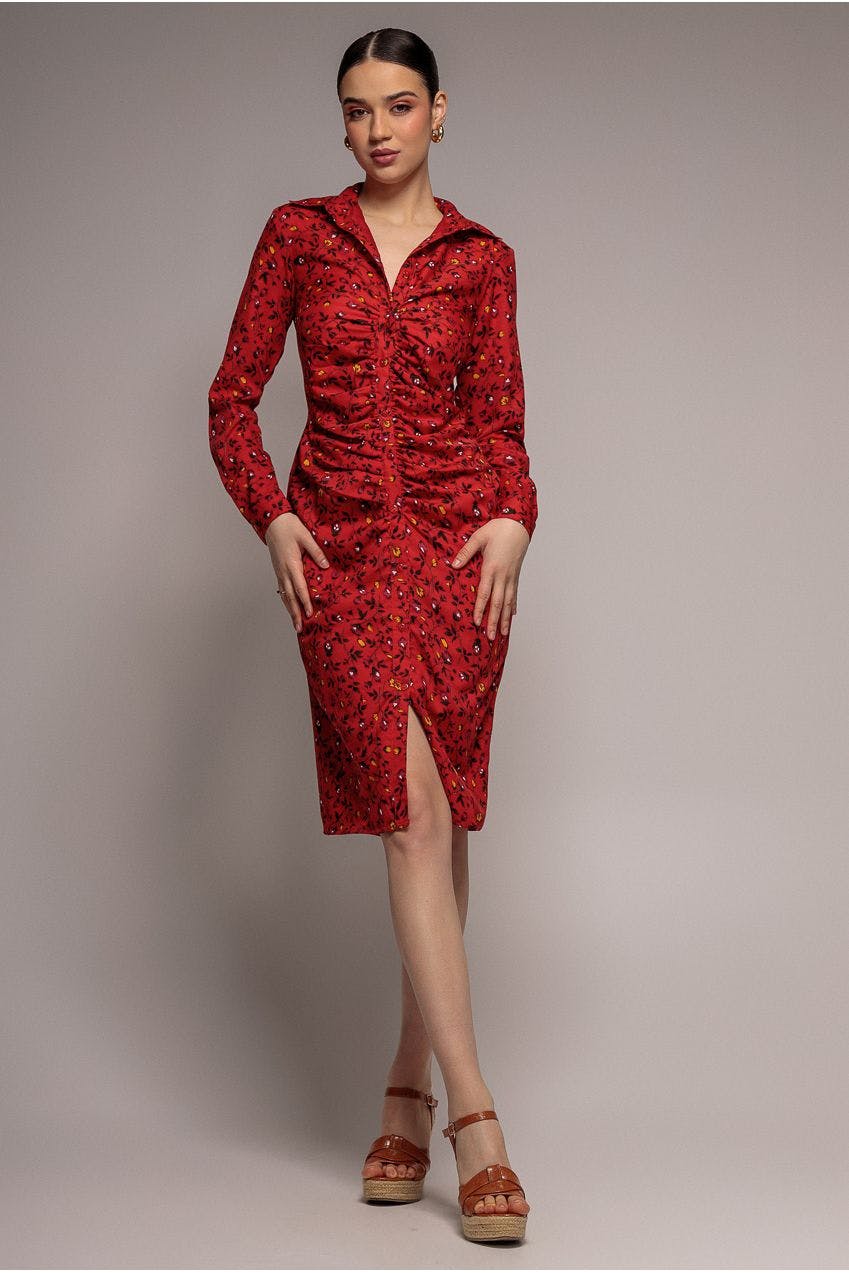 Goddiva Red Floral Print Shirt Dress - By - 8