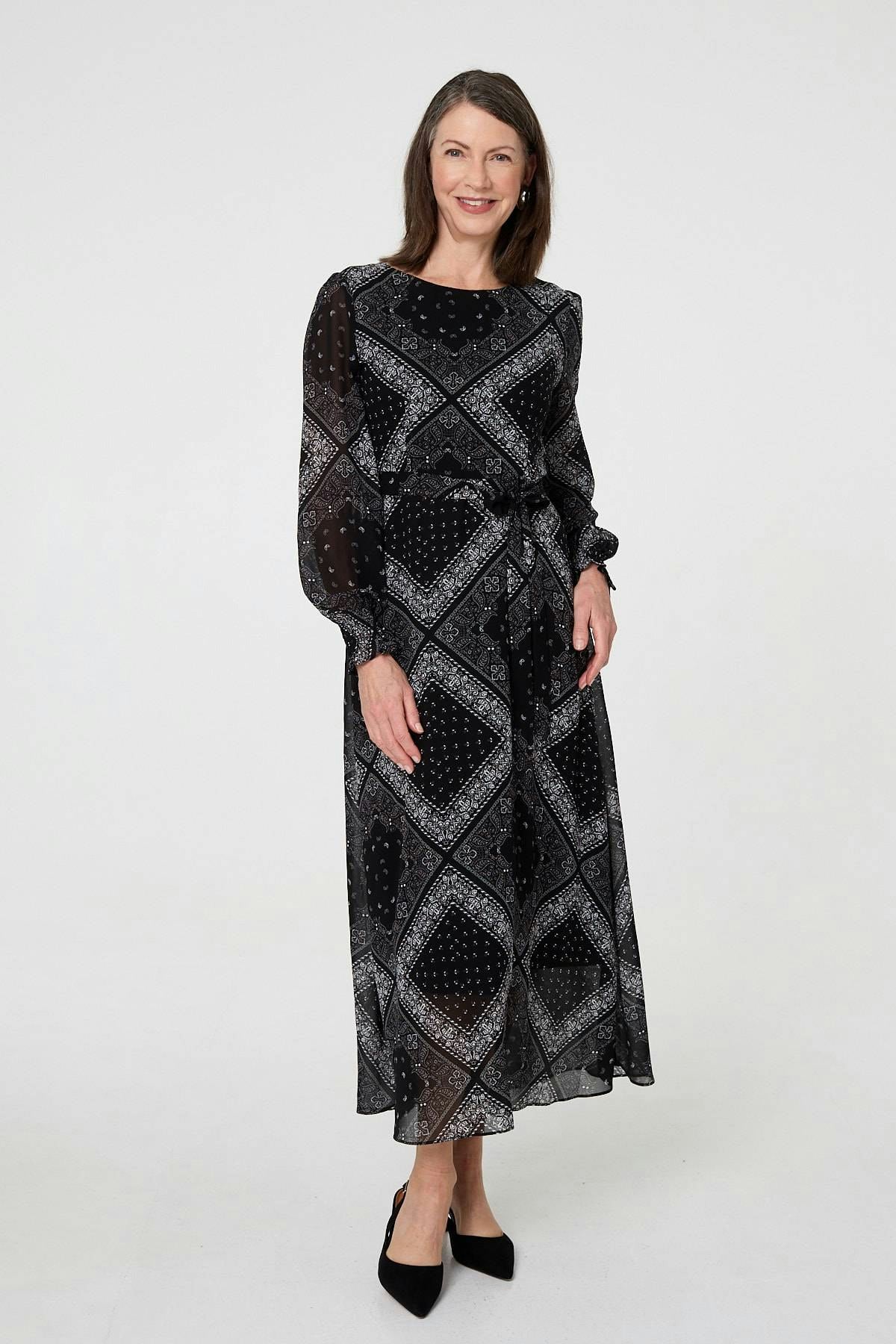 Izabel London Black Printed Long Sleeve Maxi Dress With Belt - 14