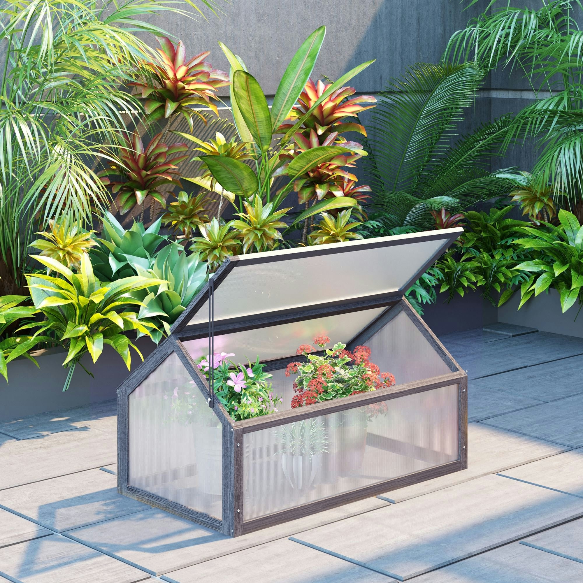 Outsunny Grey Wooden Cold Frame Greenhouse Garden Polycarbonate Grow House,
