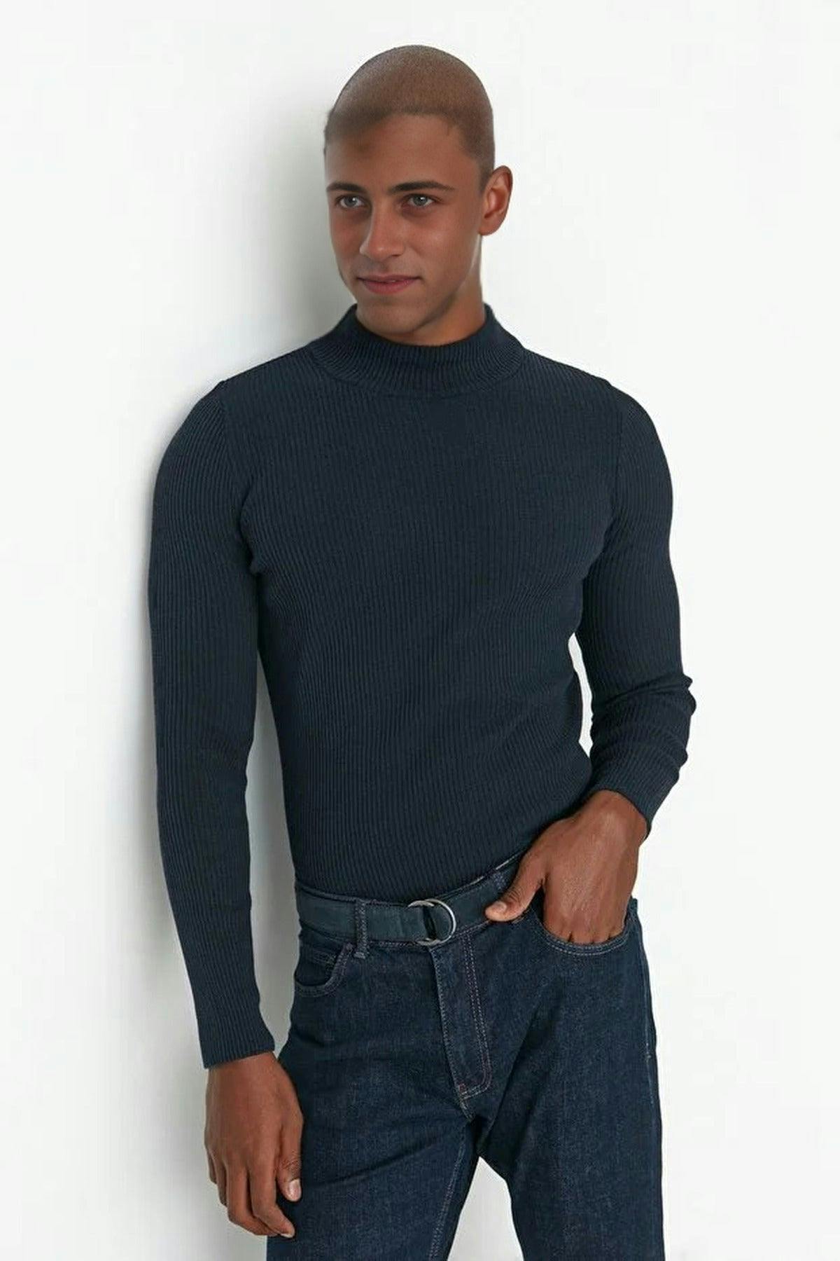 Wovcor Men's Half Turtleneck Ribbed Knit Sweater - Navy - M