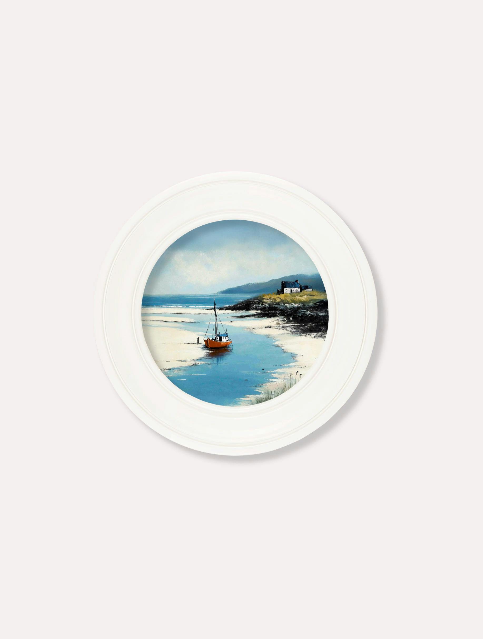 Rackhams White The Coastal Boat - Oxford Strong Round Frame - The Coastal Boat - 44 X 44 Cm