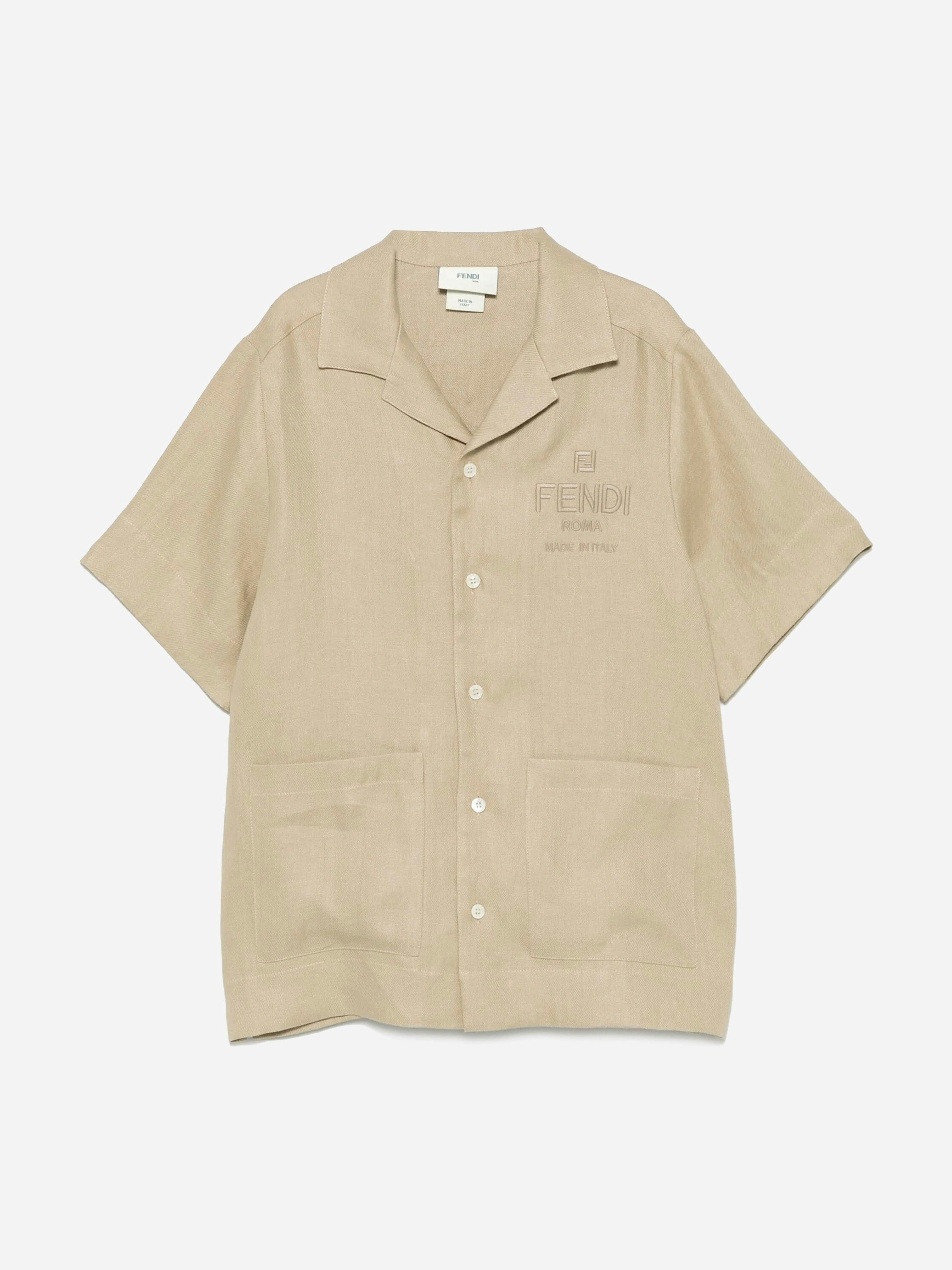 Fendi Kids Boys Beige Fendi Linen Logo Shirt In - 10 Yrs