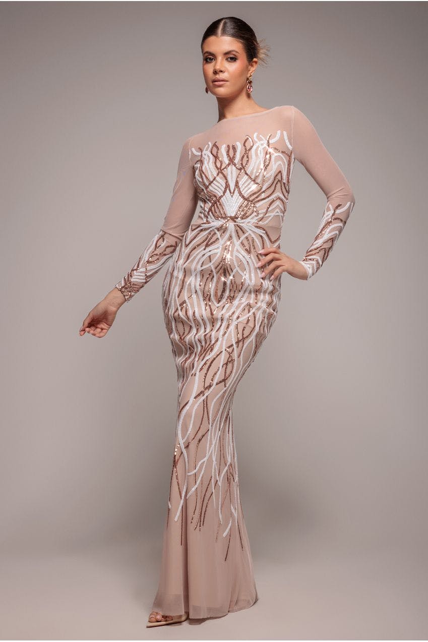 Goddiva Light Long Sleeve Sequin Flame Maxi - Champagne By - Champagne - 8