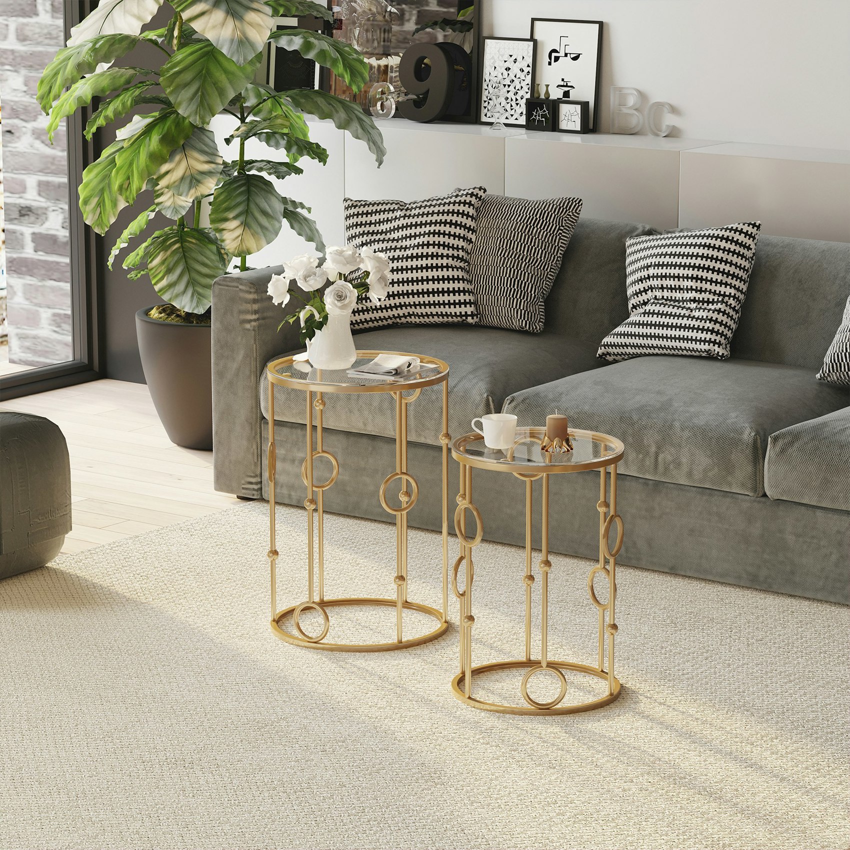 Rackhams Gold Set Of 2 Nesting Coffee Table, Side Tables W/ Tempered Glass Top