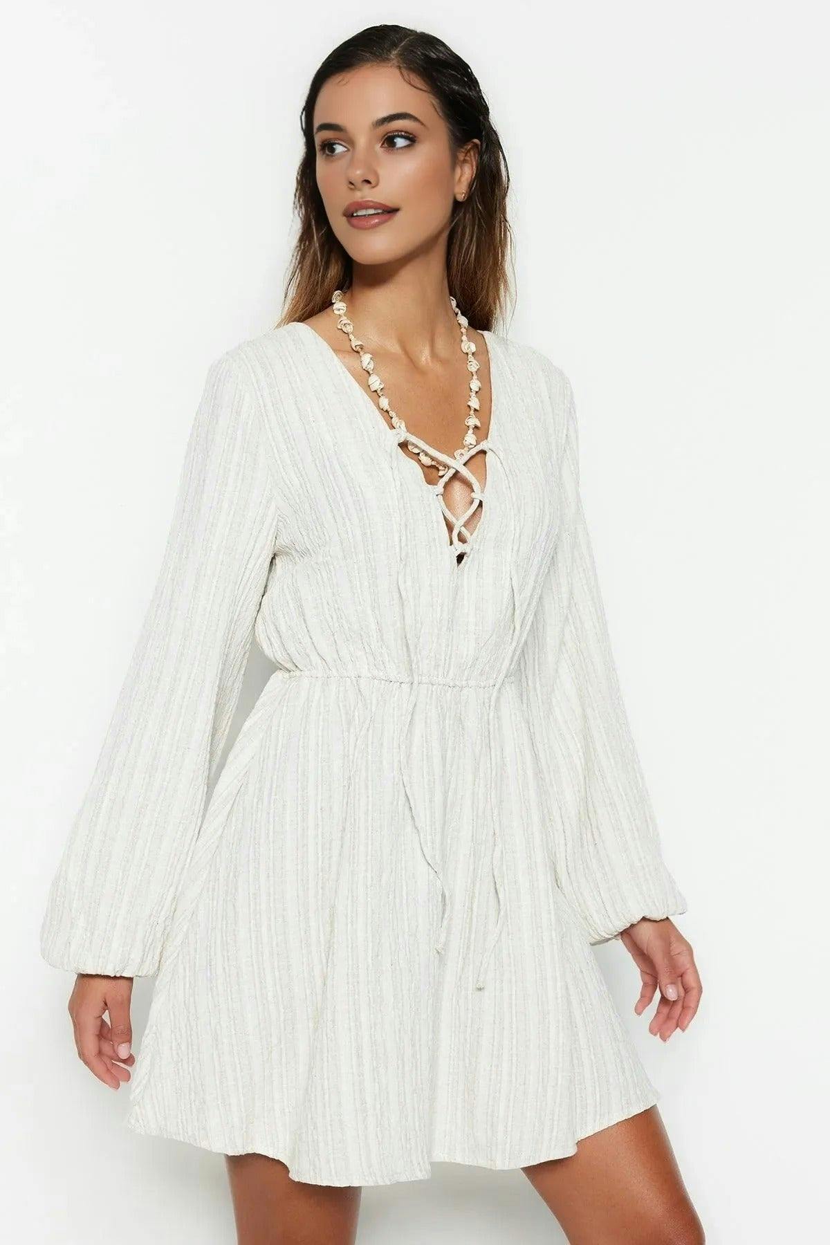 Wovcor Light Woven Tie Detail Beach Mini Dress - Ecru - 14