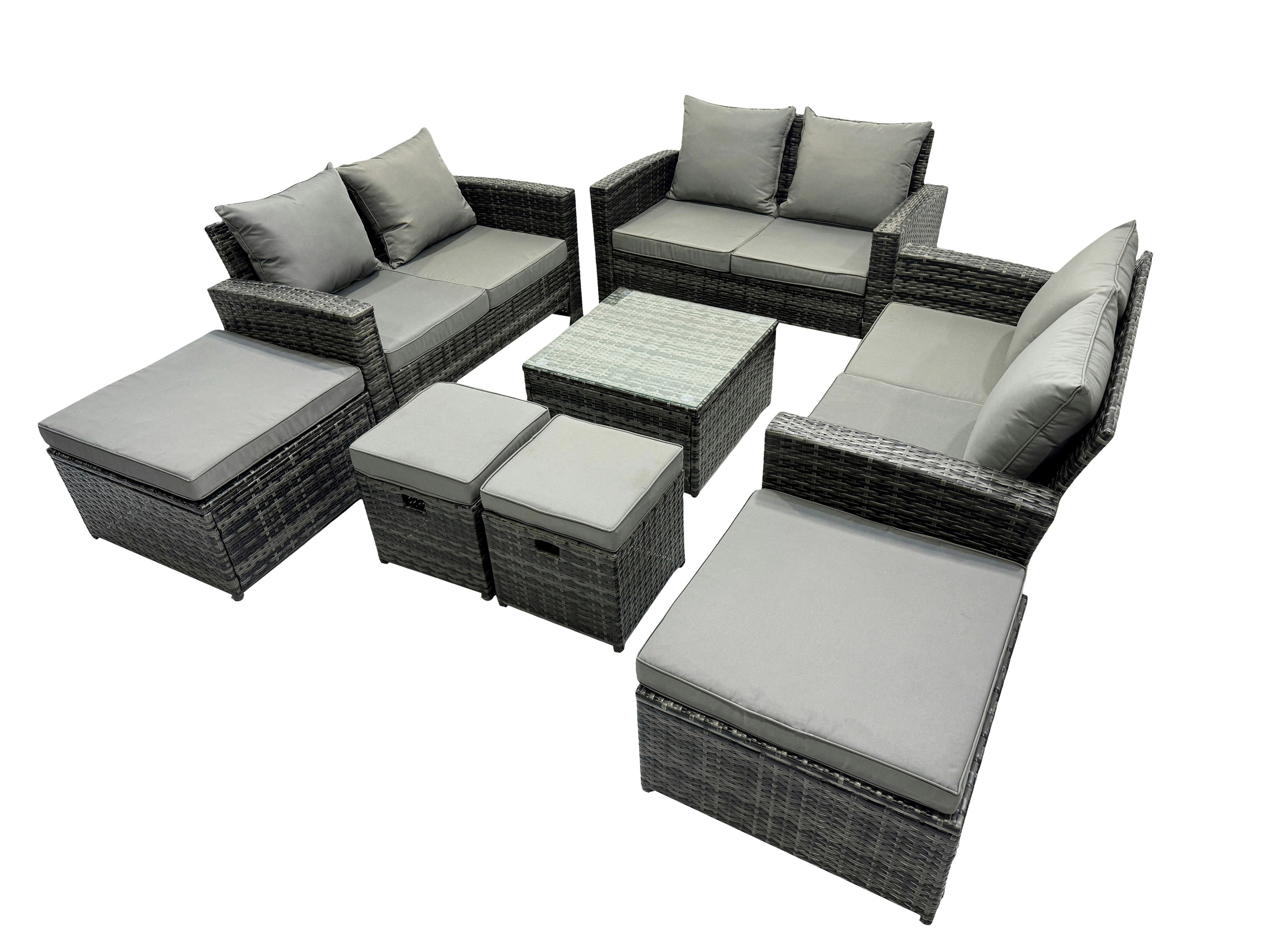 Fimous Dark/Grey Pe Rattan Garden Furniture Set Lounge Double Seat Sofa Coffee Table Set With 4 Stools Mixed