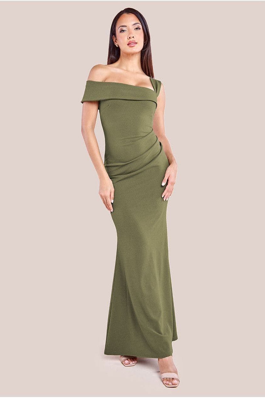 Goddiva Black Off The Shoulder Pleated Waist Maxi Dress - Khaki By - Khaki - 18