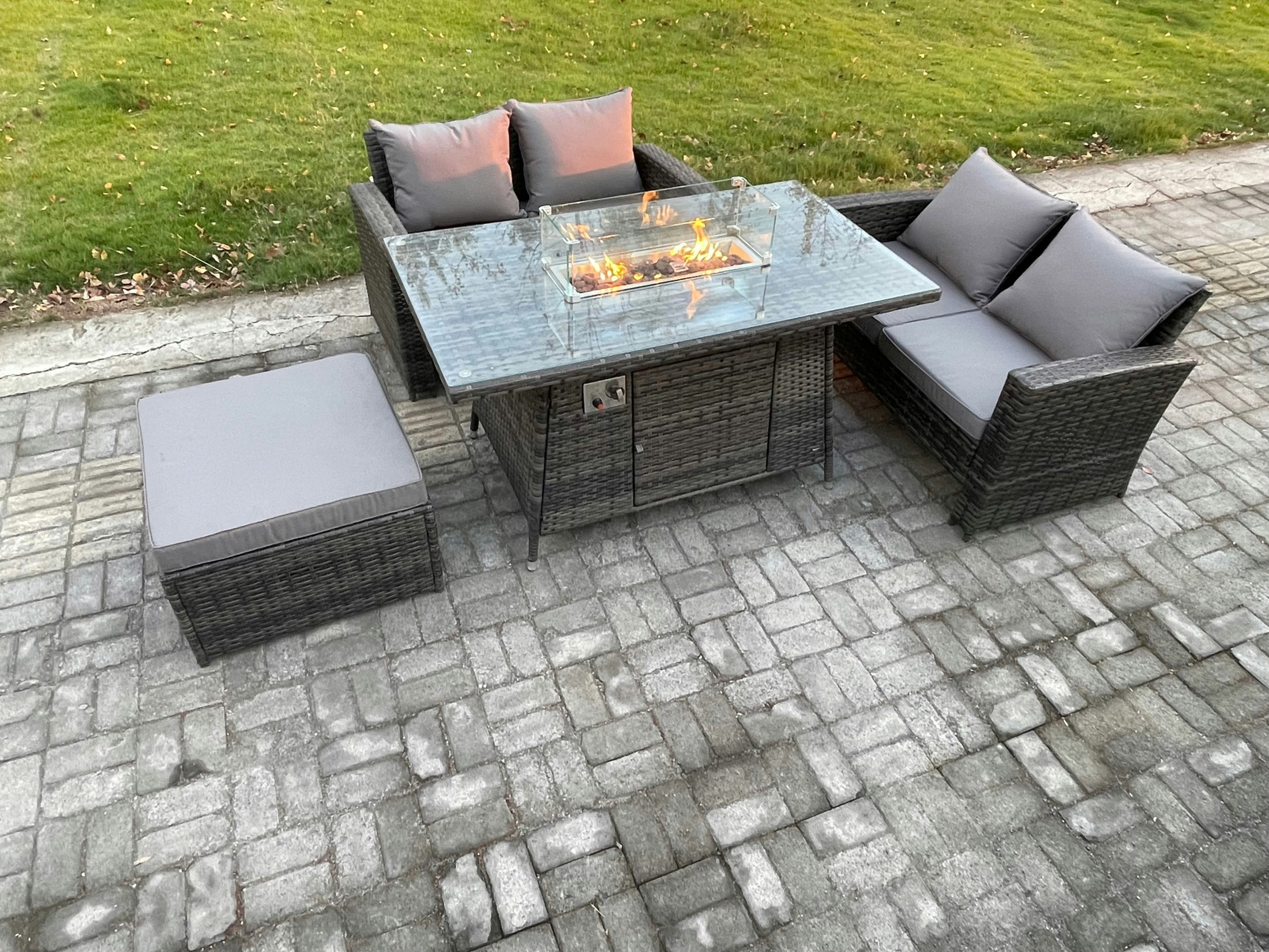 Rackhams 4 Pieces Garden Furniture Sets Poly Rattan Outdoor Patio Gas Fire Pit Dining Table Sofa Set With Big Footstool