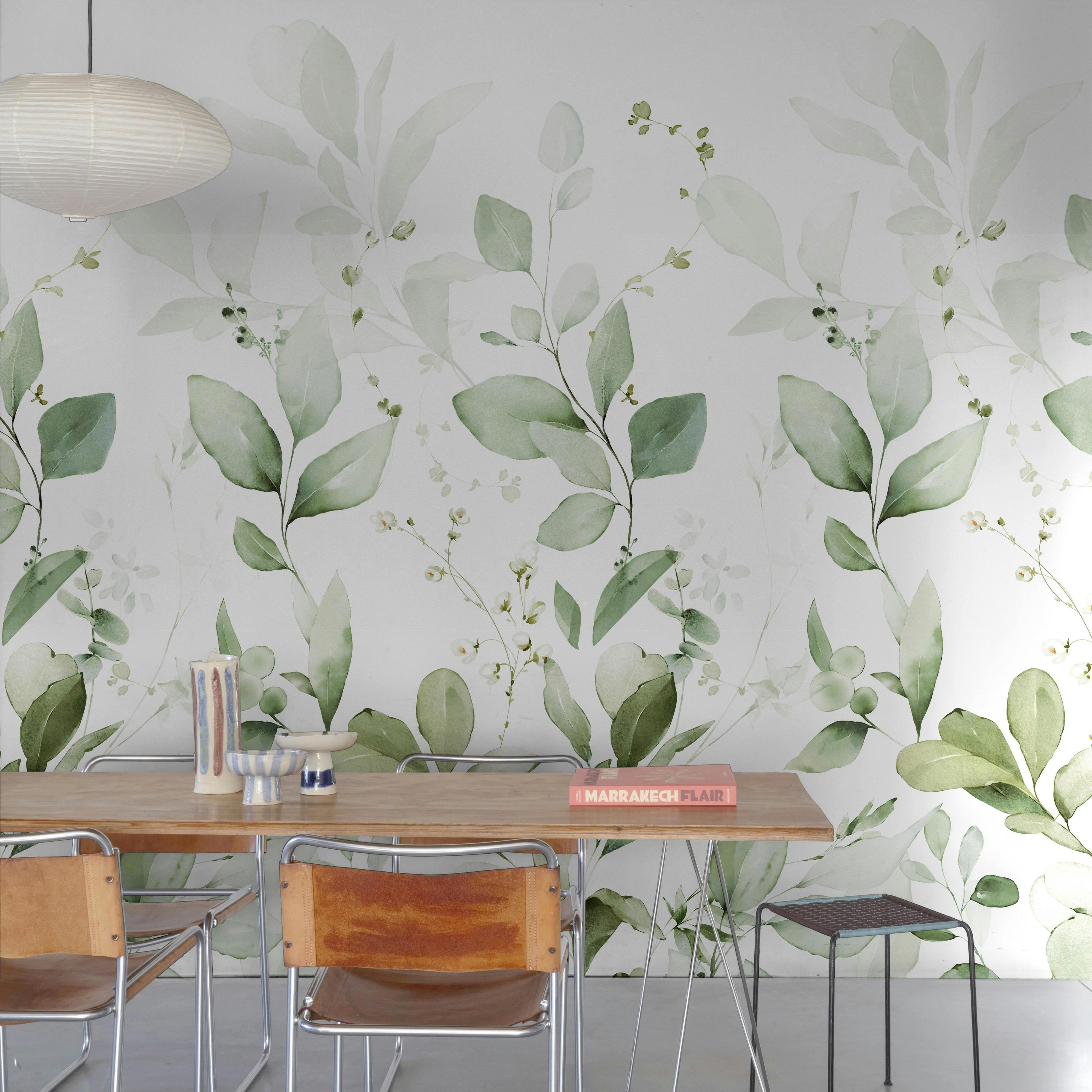 Grandeco Green Quillan Delicate Watercolour Leaves 3 Panel Repeatable Mural 1.59 X 2.8M,