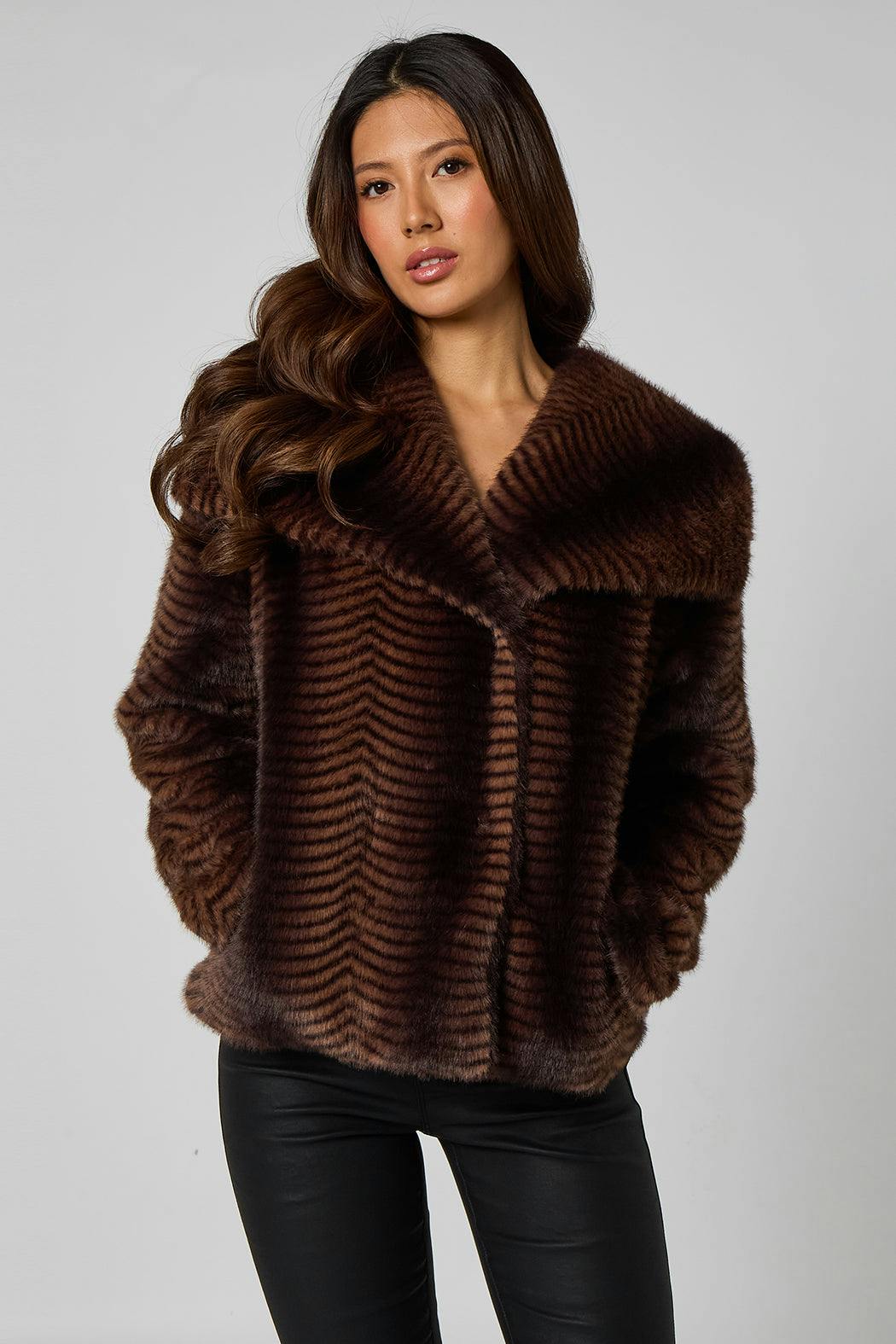 Urban Bliss Grey Stripe Faux Fur Jacket - 8