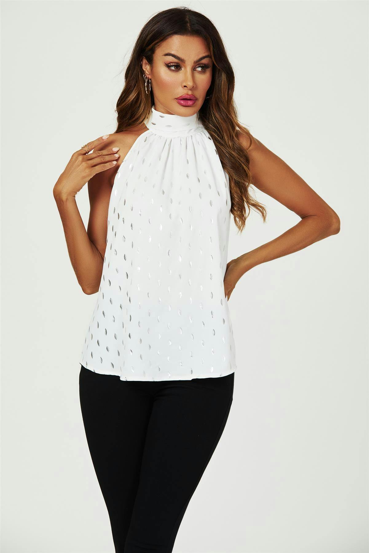 Fs Collection Silver/White Foil Halter Neck Tie Back Top In - Xs