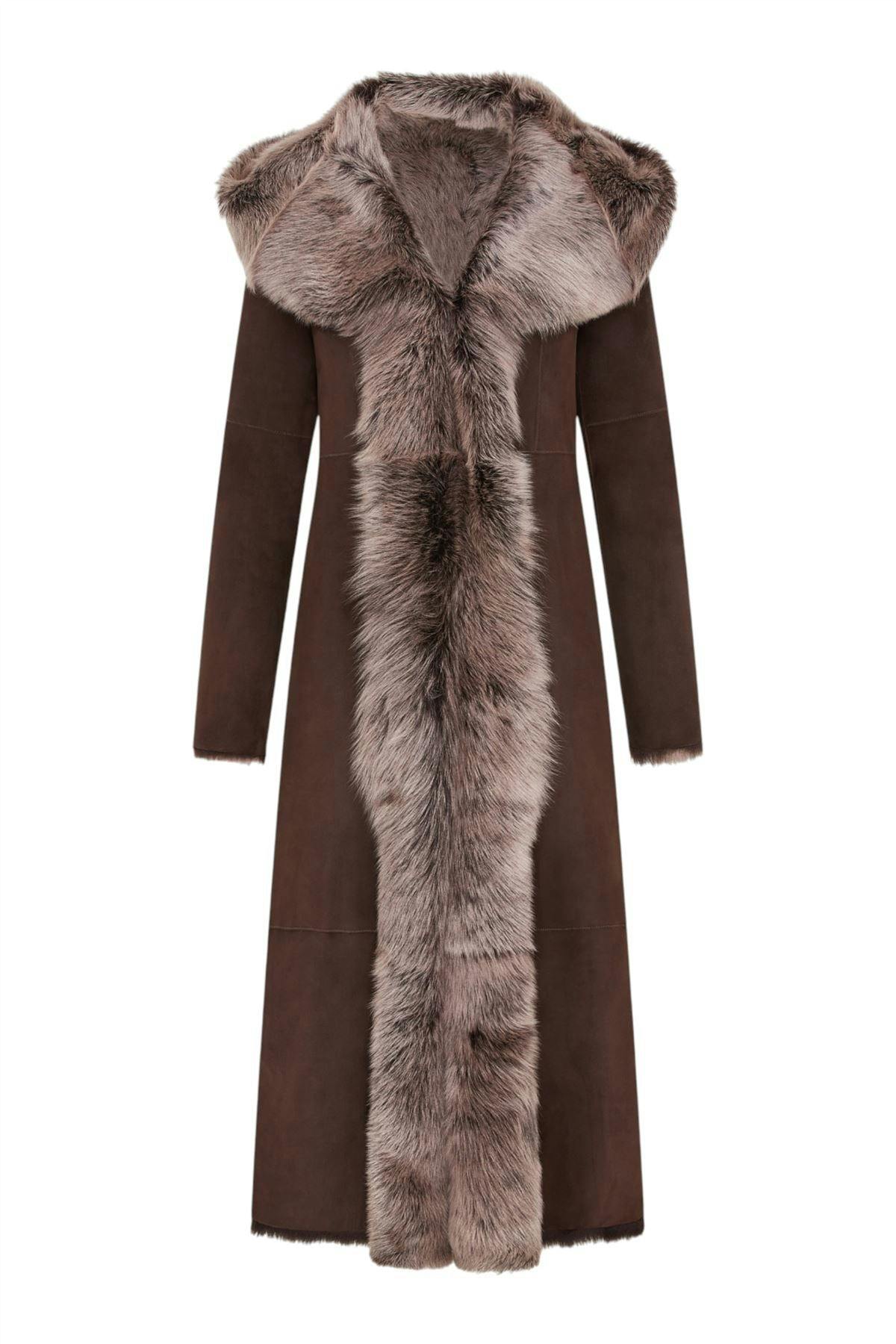 Infinity Leather Women's Brown/Silver Suede Toscana Sheepskin Hooded Trench Coat-Fribourg - Uk M/12 | Eu 38 | Us 8