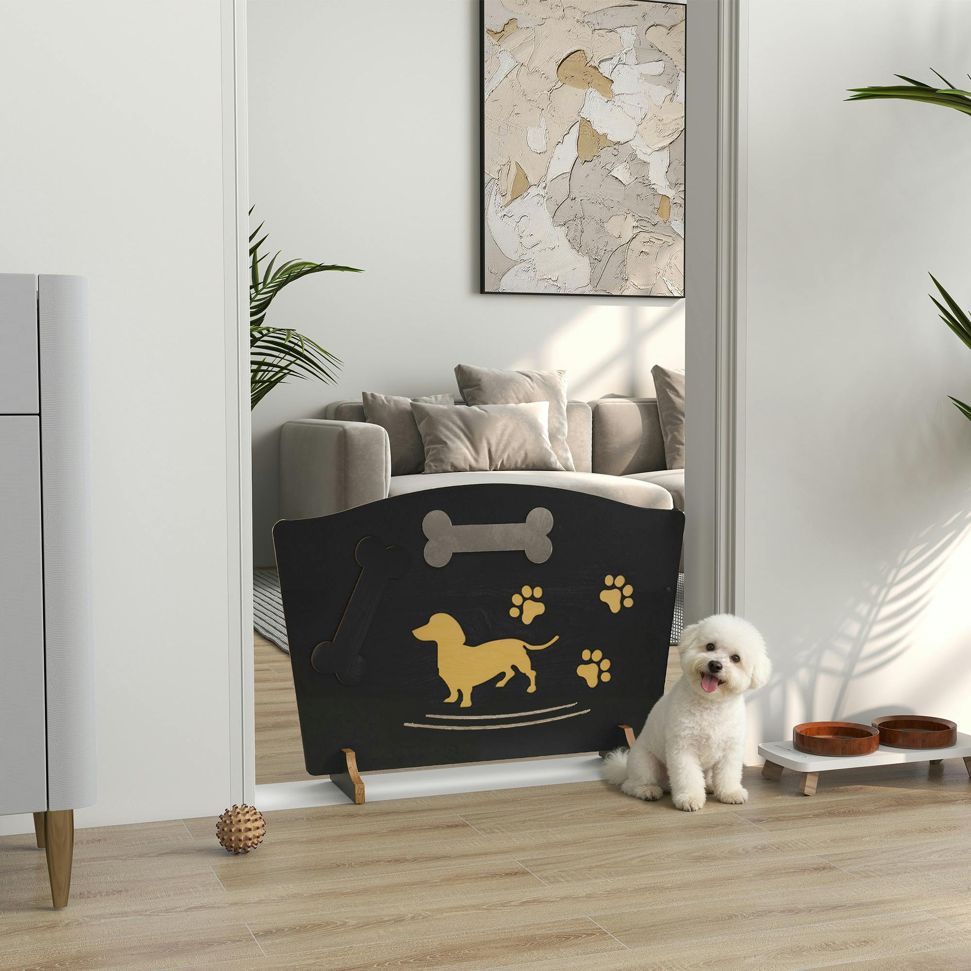 Pawhut Black Wooden Dog Stopper, Freestanding Dog Gate With Support Feet,
