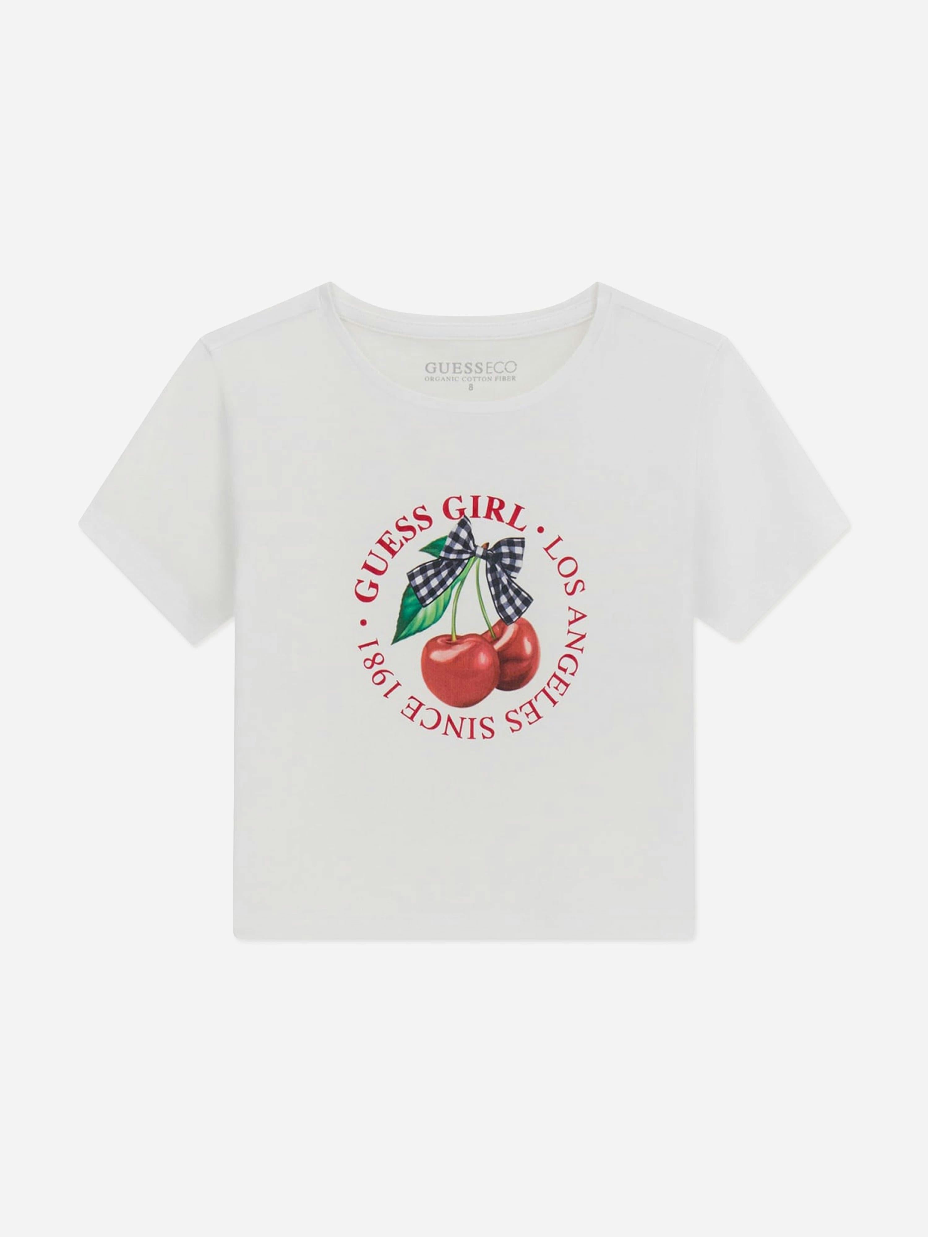 Guess Girls White Cropped Cherry T-Shirt In - 16 Yrs