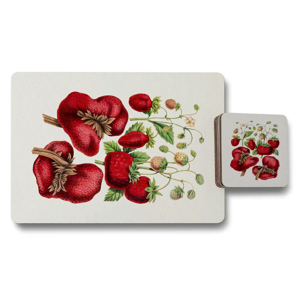 Benjamin Tate Design Botanical Strawberry Placemat Coaster Set, Designer Artwork, Wood Base, Exclusive Set