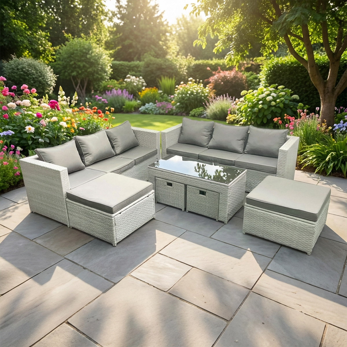 Fimous Light/Grey 10 Seater Rattan Garden Furniture Set With 2 Sofas, Coffee Table, 4 Footstools