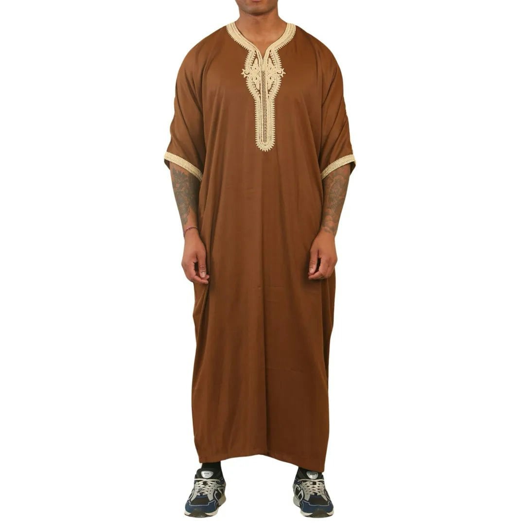 Thobez Men's Brown Hm60 - Moroccan Thobe Short Sleeve Embroidery Gandoura - 54