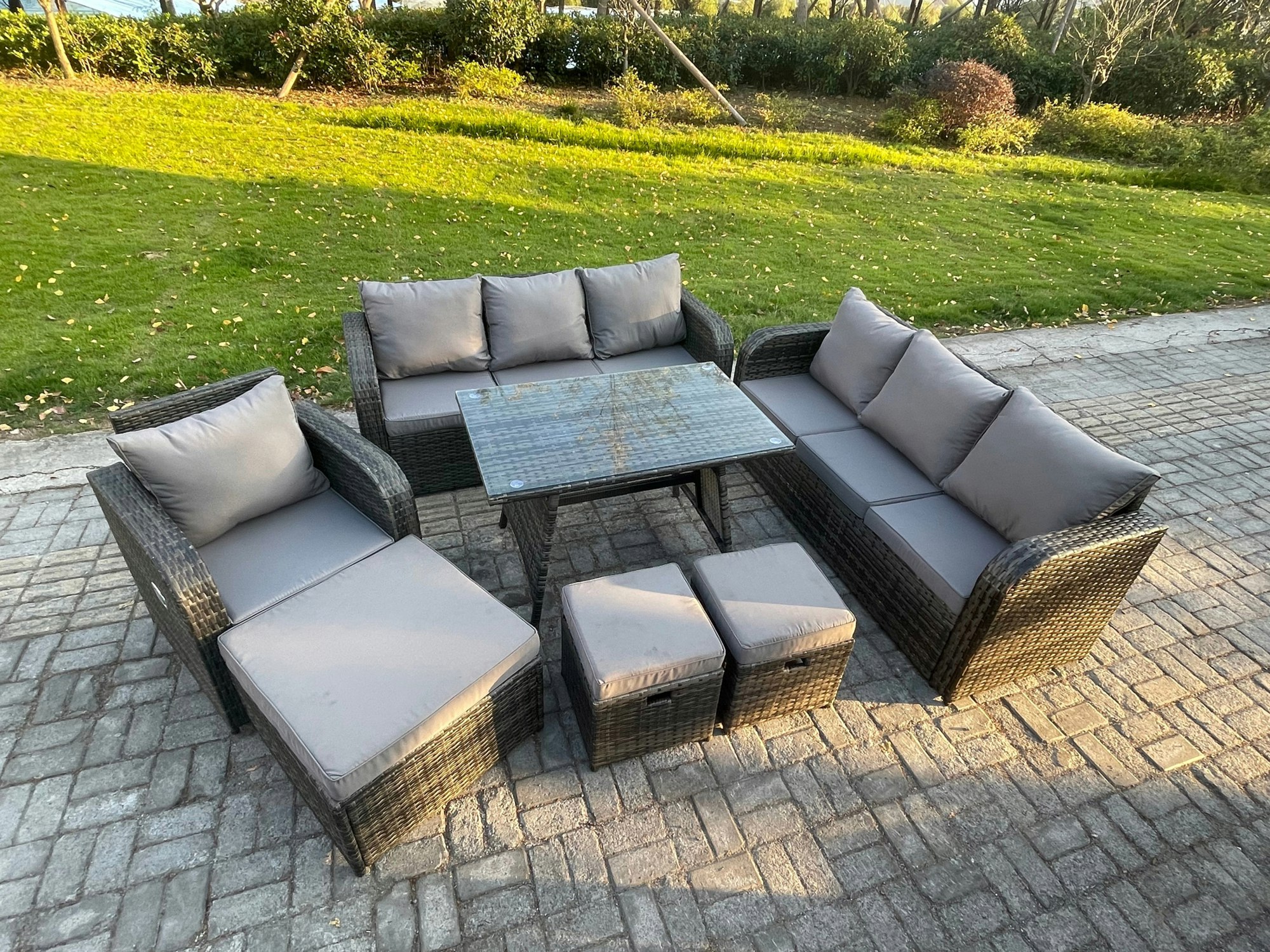 Fimous Dark/Grey Wicker 7 Pieces Rattan Garden Furniture Sofa Set With Rectangular Dining Table Armchair 3 Footstools Mixed