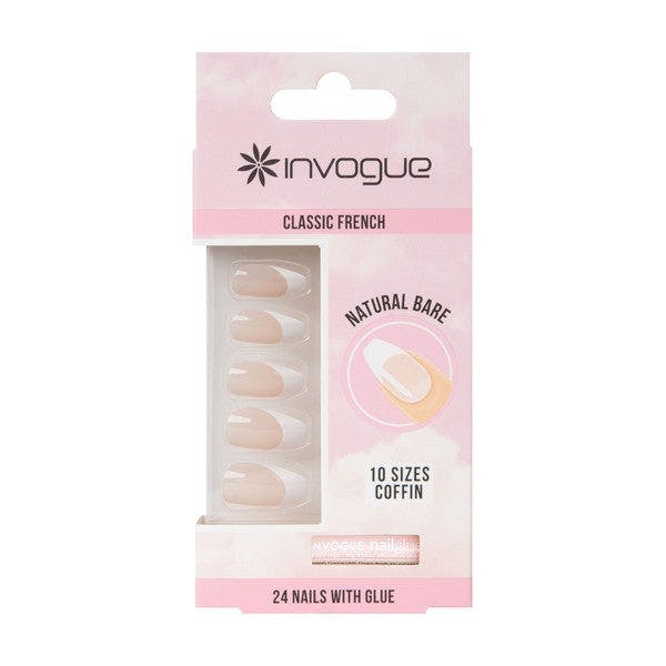 Invogue False Nails Coffin Medium Length - Classic French Natural Bare - Image 2