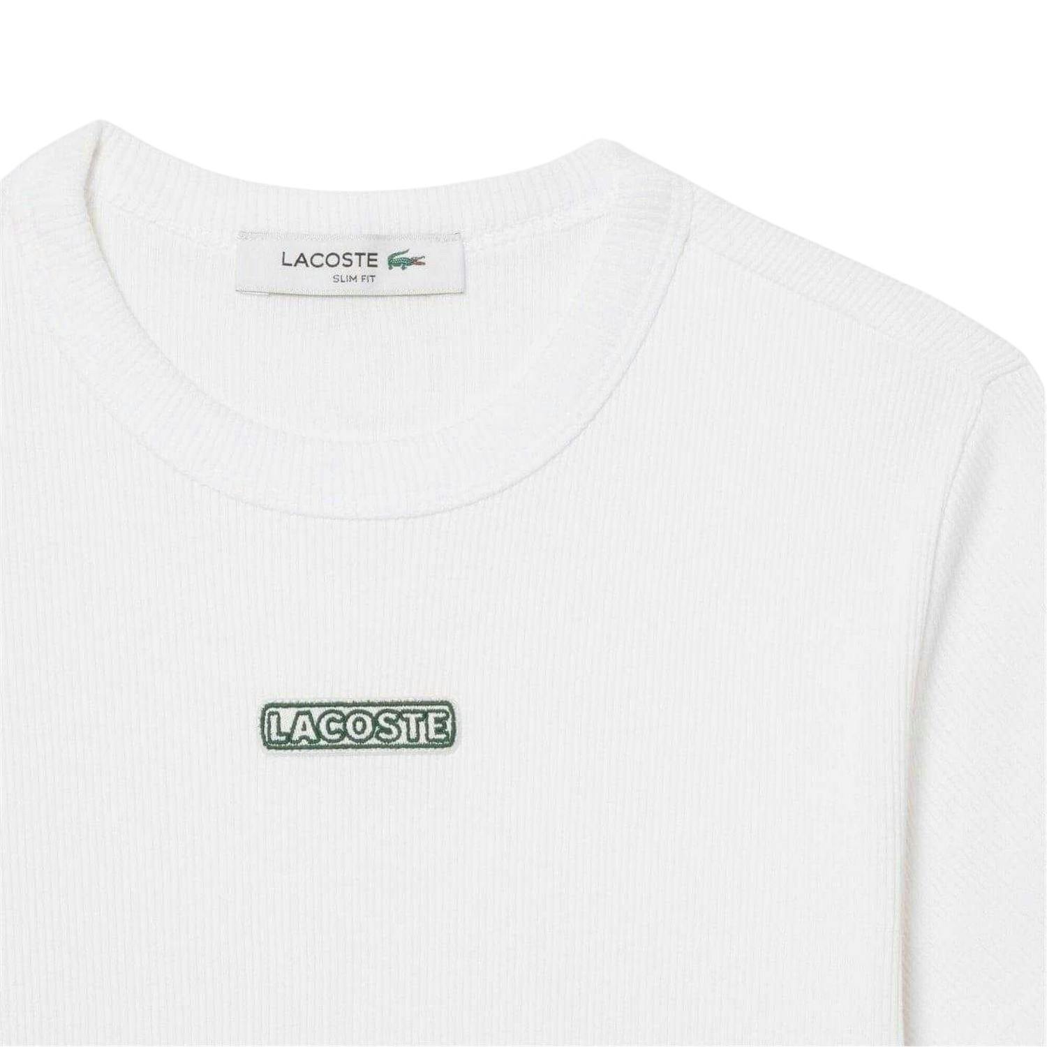 Lacoste Women's White Ribbed Crew Neck Slim T-Shirt - 12 Uk - 100% Organic Cotton