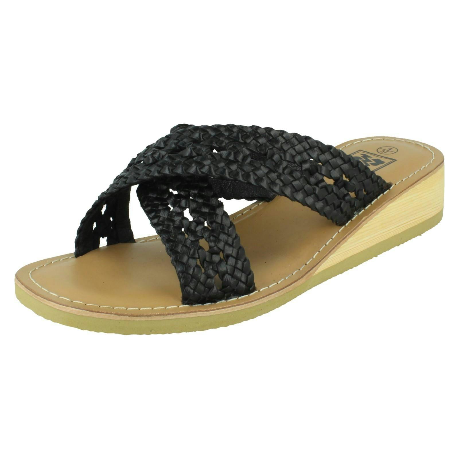 Down To Earth Women's Black Low Wedge Leather X Strap Mule Sandal F00430 - Uk 6